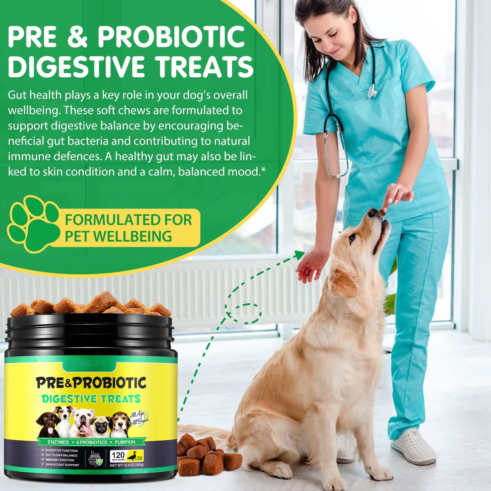 Probiotici per Cani con Enzimi Digestivi - 120 Pezzi Probiotico Digestivo per Cani, Flora Batterica e Sistema Immunitario | Contro Prurito, Allergie e Squilibrio dei Lieviti