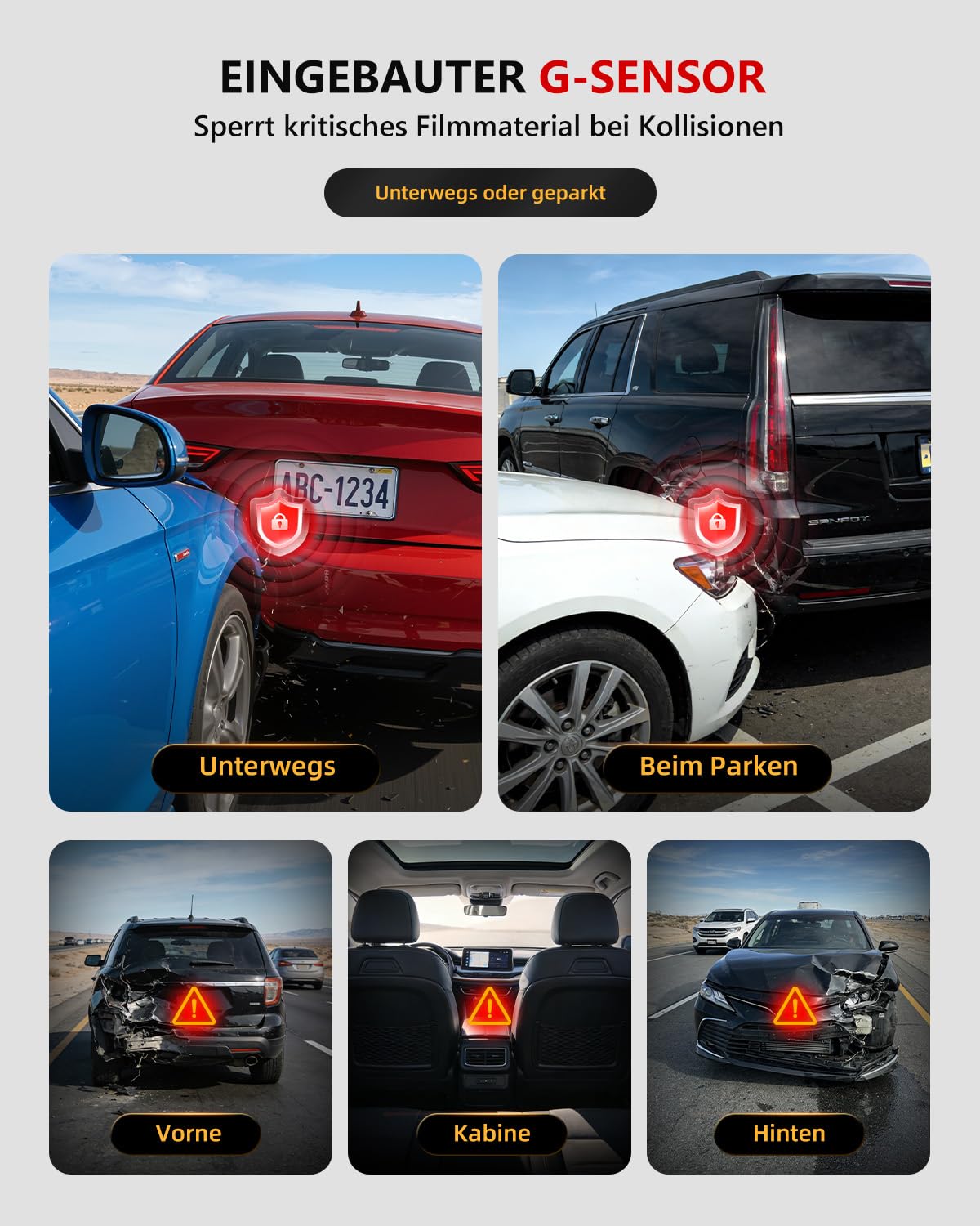 Dashcam Auto Vorne Hinten STARVIS 2 - dashcam 4K 3-Kanal Kamera, dashcam 360° Nachtsicht & HDR, 4K Front,1080P Innen & 1080P Hinten, WiFi 6 & GPS, 24h Parküberwachung mit G-Sensor, 64GB Karte