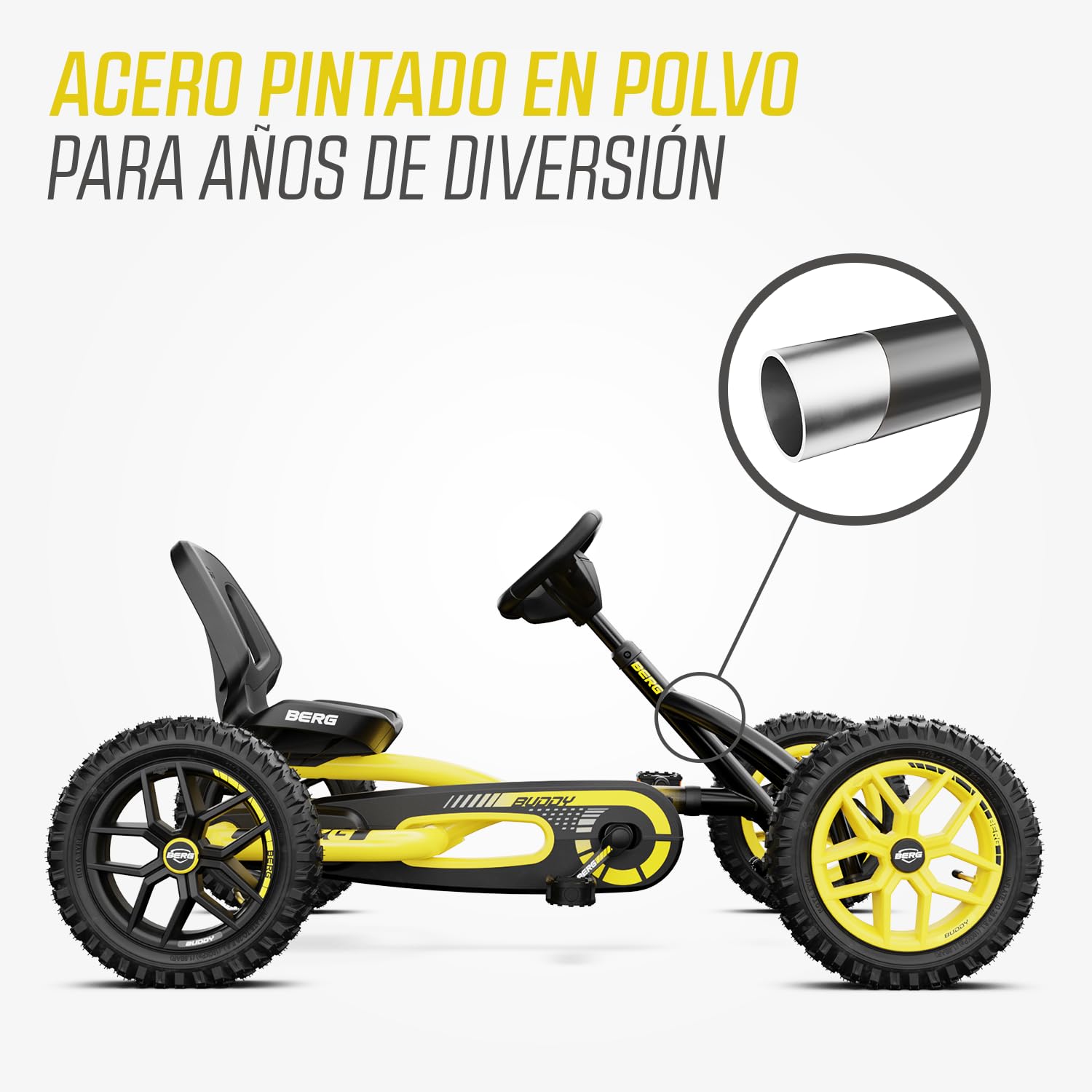 BERG Kart a Pedales Buddy Cross | Amarillo, 3-8 años, cuadro resistente, asiento regulable, volante regulable