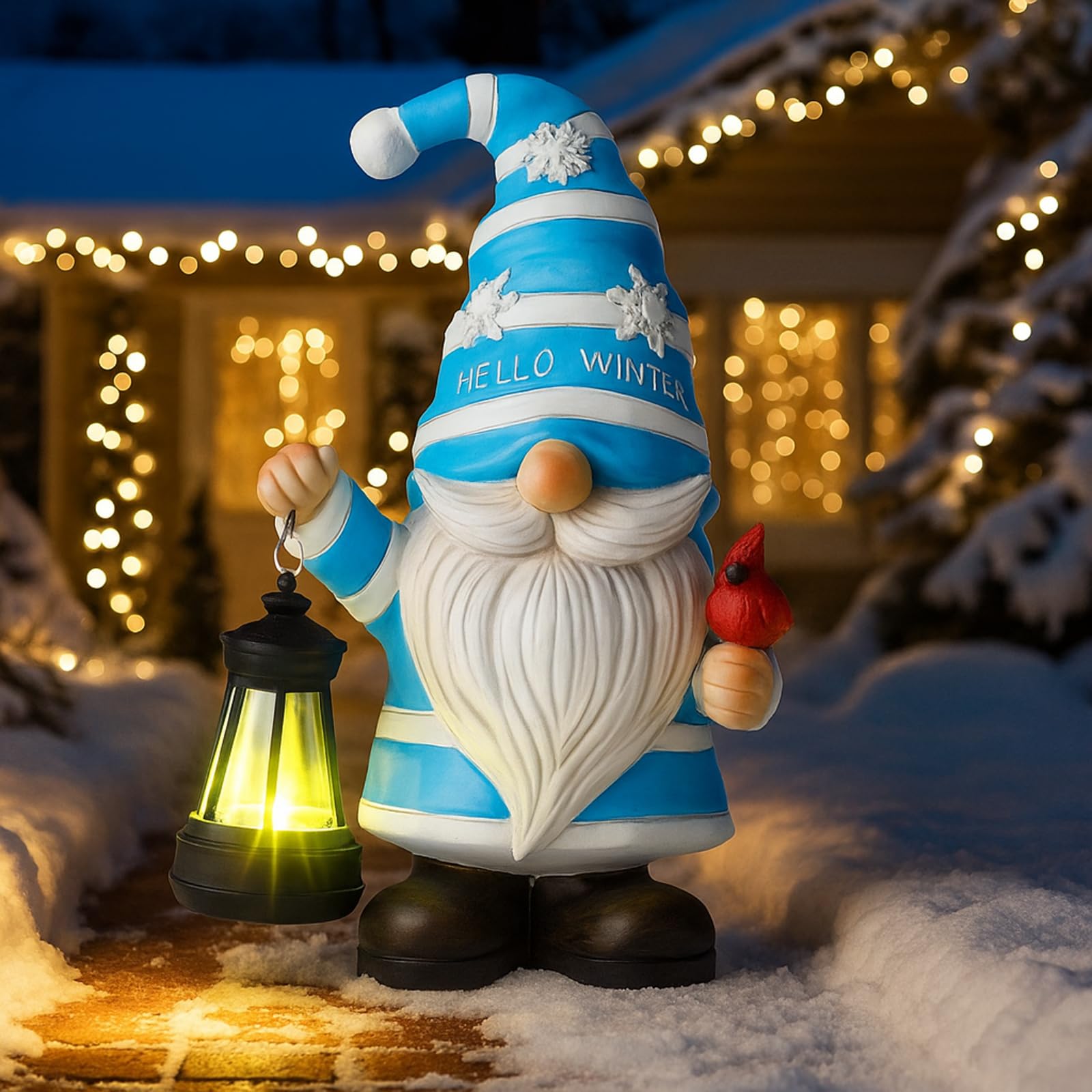Tuanse Decorazione invernale da 20,3 cm per decorazione esterna in resina gnomo da giardino con lanterna con luci solari e cardinali fiocchi di neve statuetta per portico Natale esterno patio