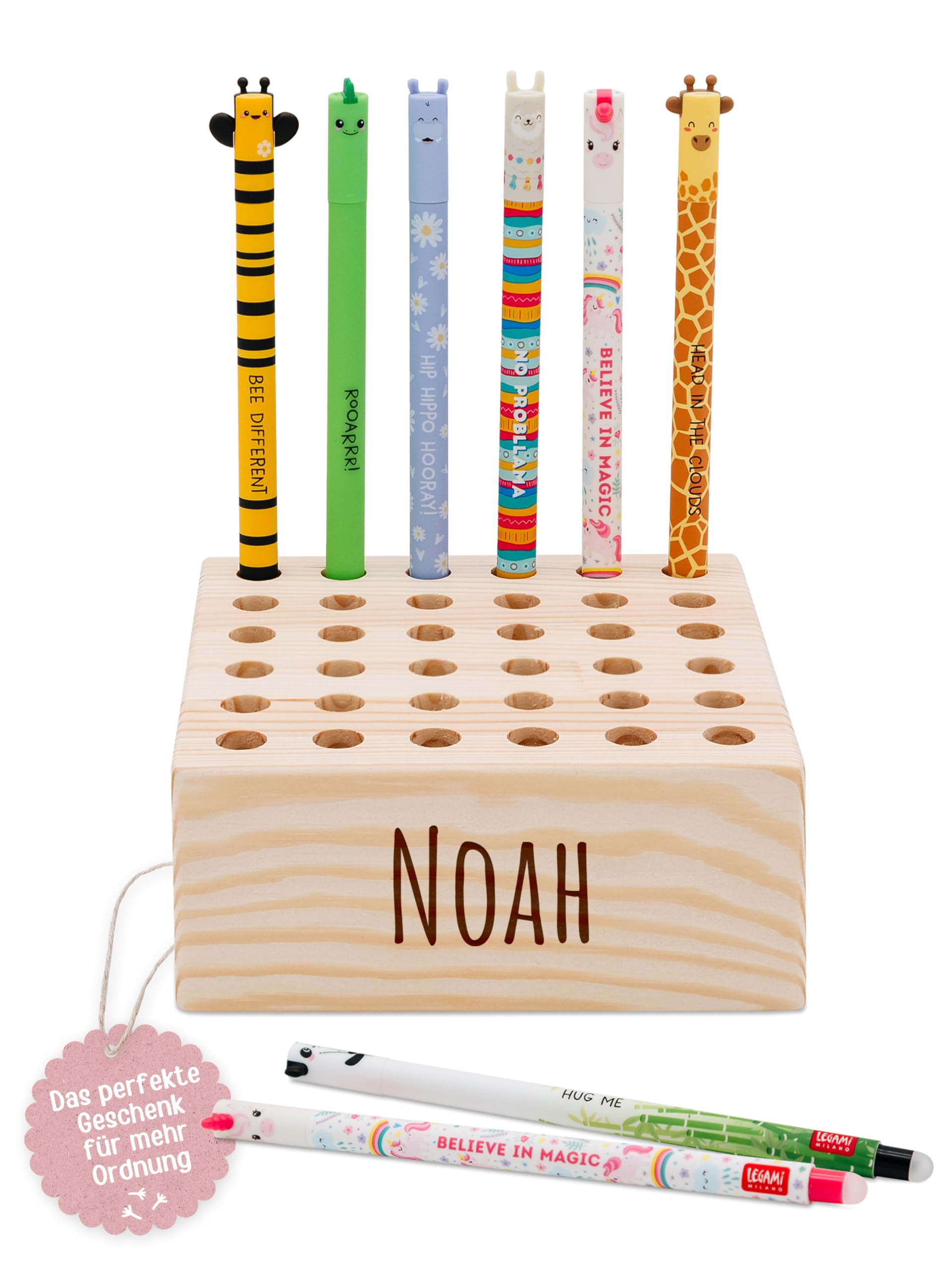 wunderwunsch Stiftehalter für Legami und co aus stabilem Holz, Stifthalter für Buntstifte Kinder Schreibtisch als Geschenk zur Einschulung und Grundschule (mit Name, quadratisch)