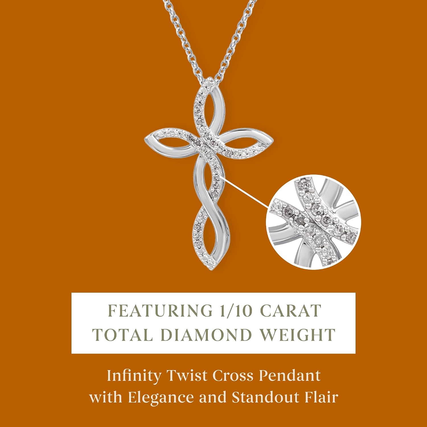 GILDED 925 Sterling Silver Necklace for Women with Natural Diamond and Infinity Twist Cross Pendant, 18" Cable Chain, 1/10 Carat Total Weight Diamonds & Elegant Gift Box Included