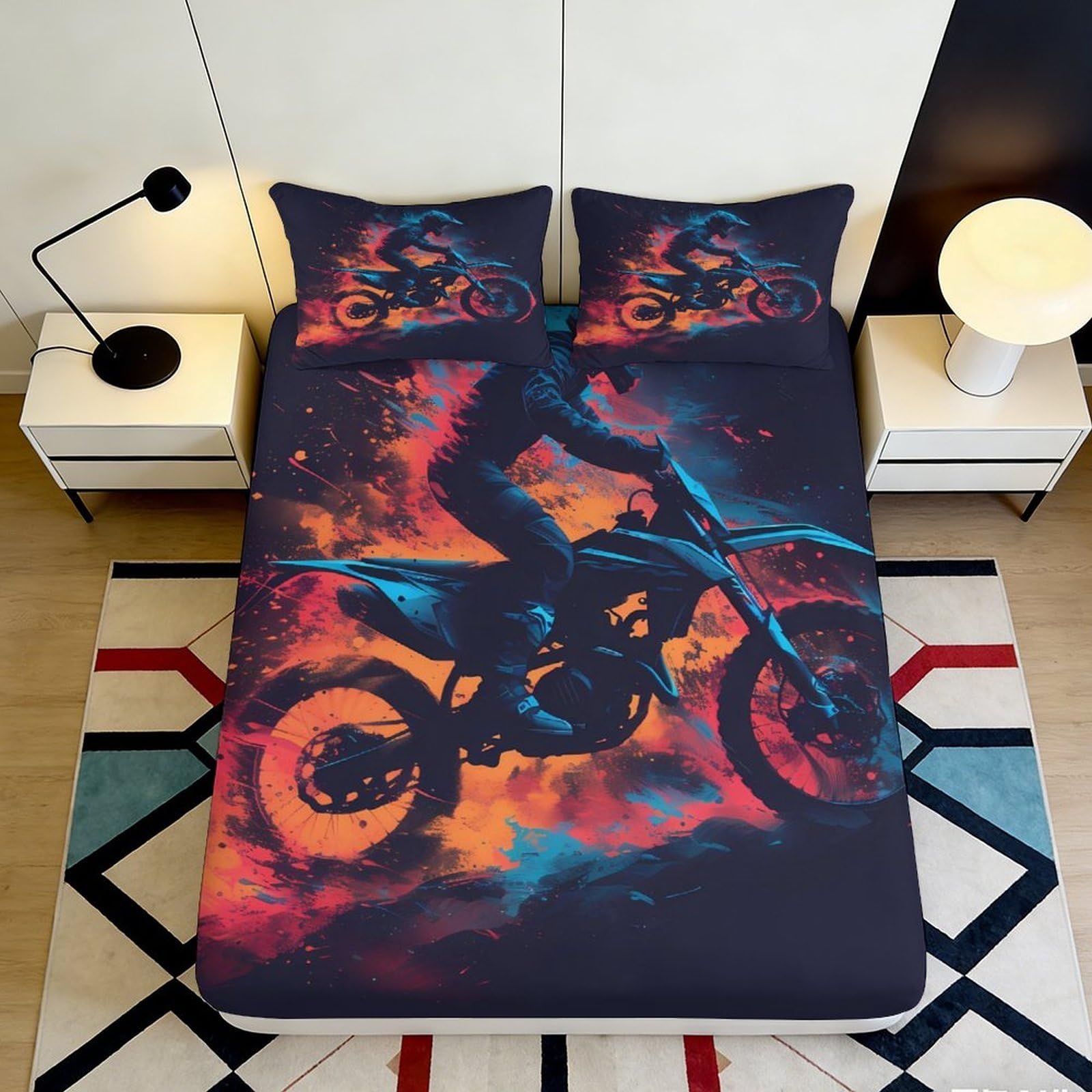 3D Printed fiery motorcycle Fitted Sheet, Microfiber soft touch, guest room bedding, wrinkle resistant, bold bedroom decor 90x200x25cm