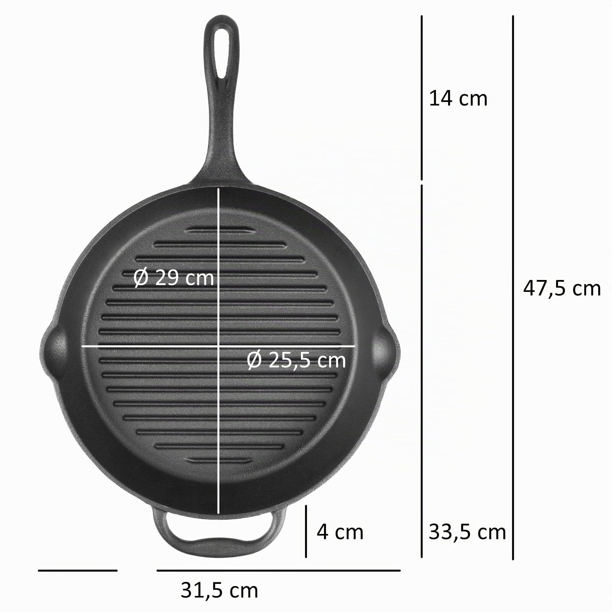 BBQ-TORO Sartén Redonda de Hierro Fundido | Ø 29 cm | Sartén Acanalada con Mango, Asa y Dos Picos | Curado - pre-Seasoned | Sartén de Hierro Fundido para Parrilla, Barbacoa, Horno
