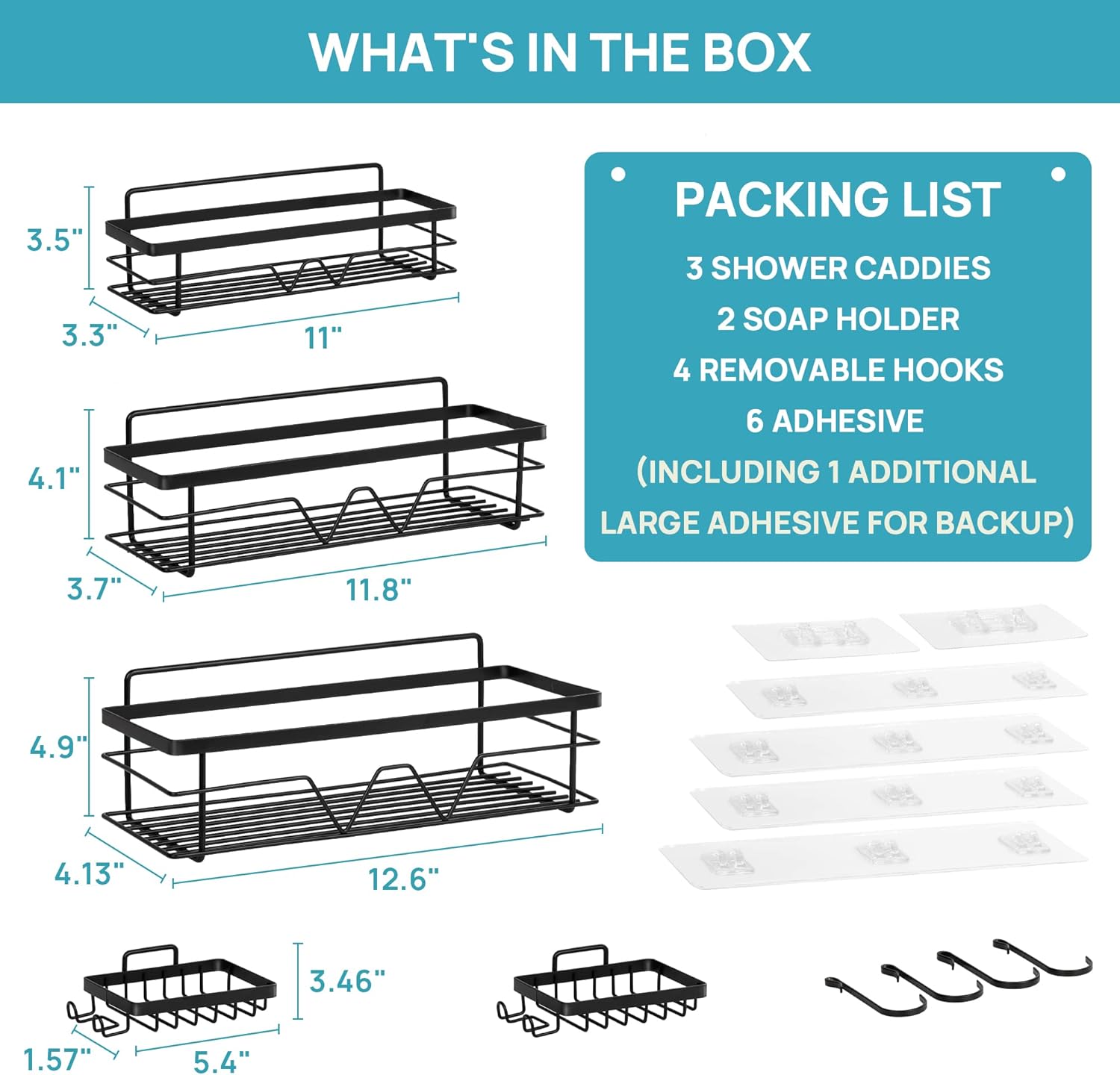 Vtopmart 5 Pack Shower Caddy Shelves Organizer with 4 Hooks, Self Adhesive Rack Storage Shelf for Inside Shower, Stainless Steel Bathroom Shower Wall Organization, Black
