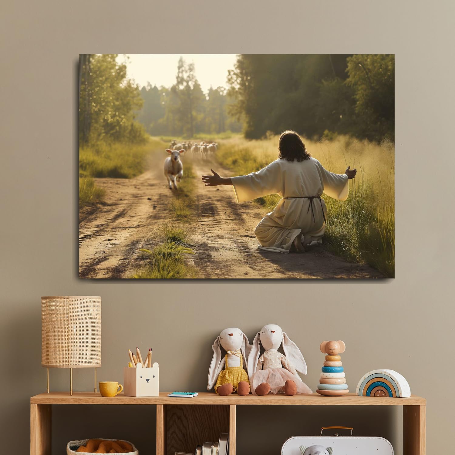 Fchen art Lovely Painting,Lamb Running Toward To Jesus Wall Art Decor,Jesus The Lamb Wall Art Canvas Wrap,Jesus Landscape Canvas Running Horses In the Forest,Church Living Room Framed Canvas Print Ready To Hang 24"x36"