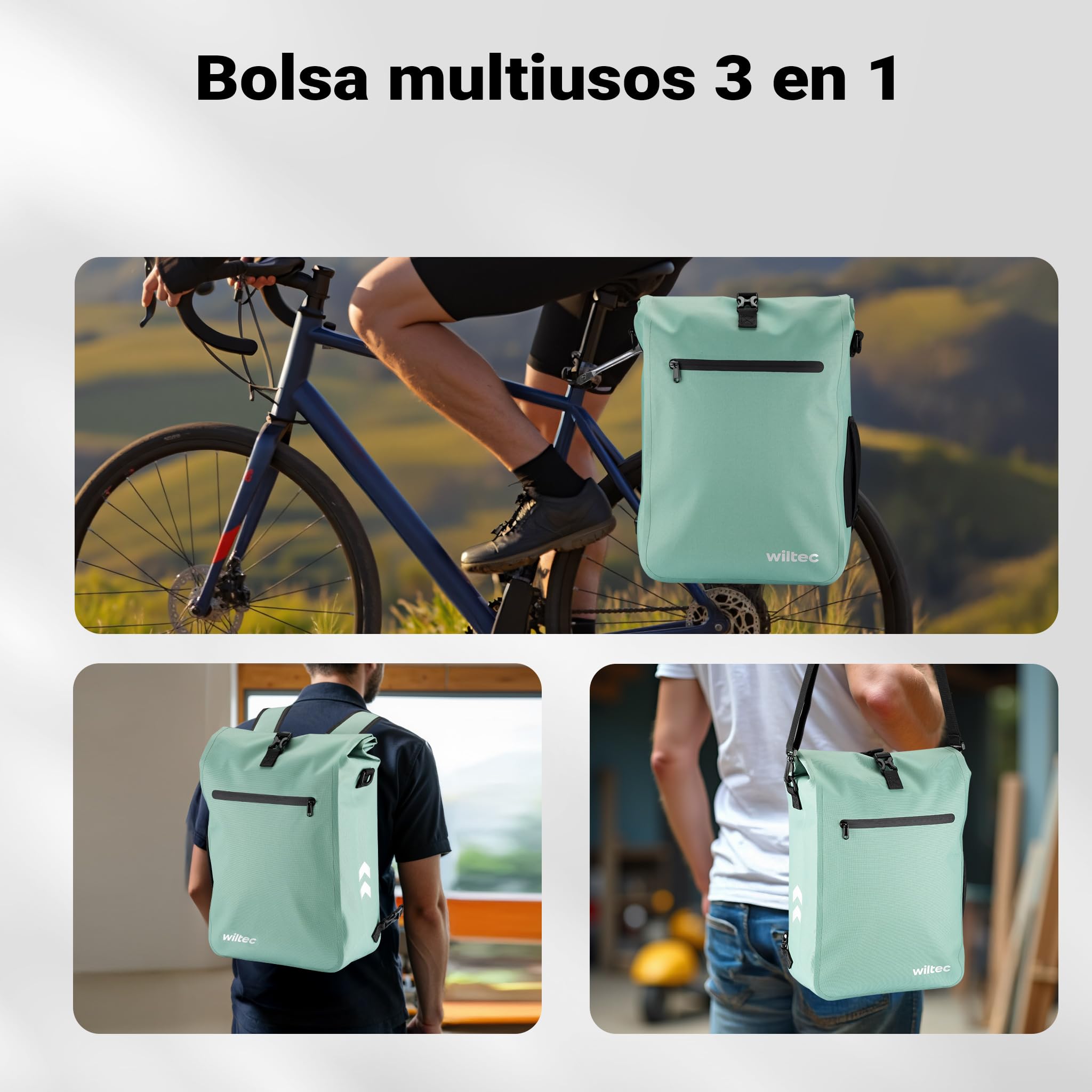 WilTec Bolsa versátil para Bicicletas 25 L Verde Claro Resistente a la Lluvia con Compartimento para portátil fácil instalación en portabultos Ideal para Ciclistas urbanos y excursiones