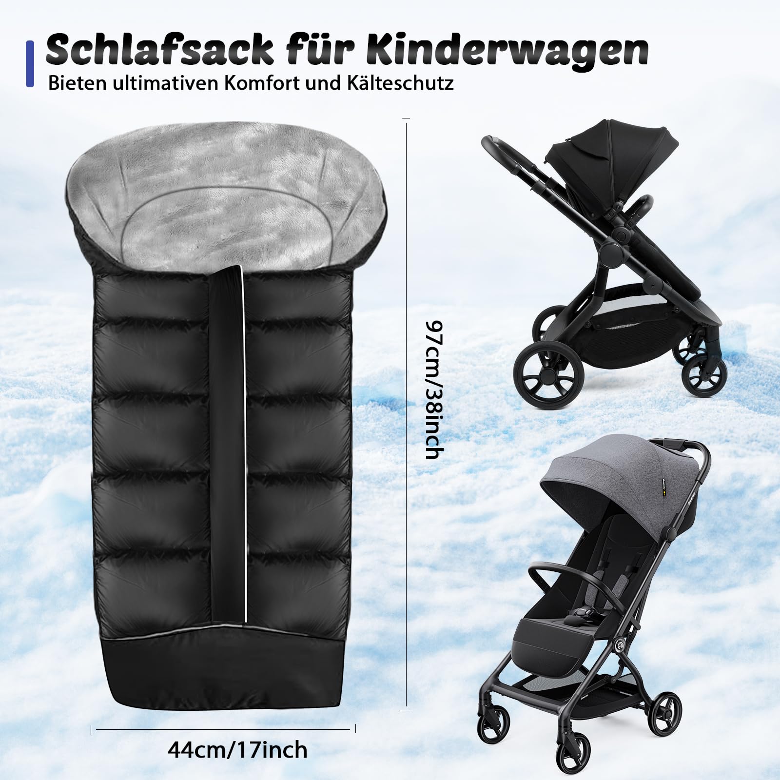 Sacco Coprigambe Invernale per Passeggino HOSPAOP, Universale per Bambini, con Cerniera, Strisce Riflettenti, Impermeabile per Sportwagen Jogger Buggy, Nero