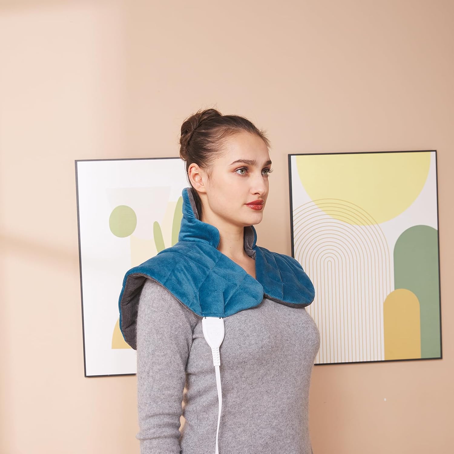 Ambershine 19''x24'' Weighted Neck & Shoulder Heating Pad, 2.5lbs with 12 Temperature Settings& 4 Auto-Off Timers, Pain Relief for Neck/Shoulder/Back, Christmas Gifts for Women Men Mom Dad (Gray&Blue) - Image 6