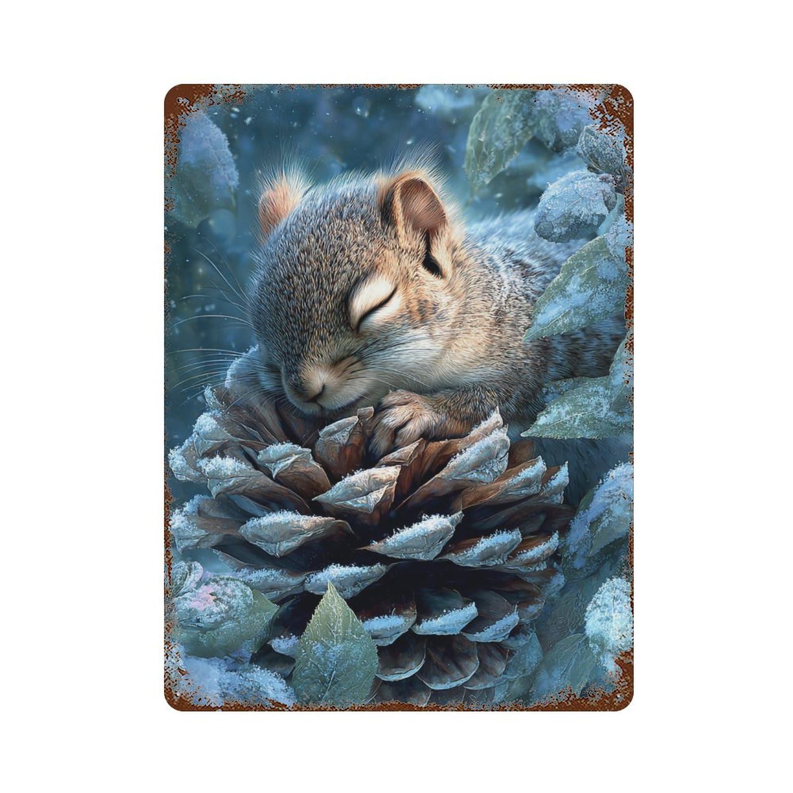 Winter Squirrel Resting Rusty Metal Tin Sign 15.7"x11.8", Shabby Chic Decor for Garage, Bar And Workshop Decor