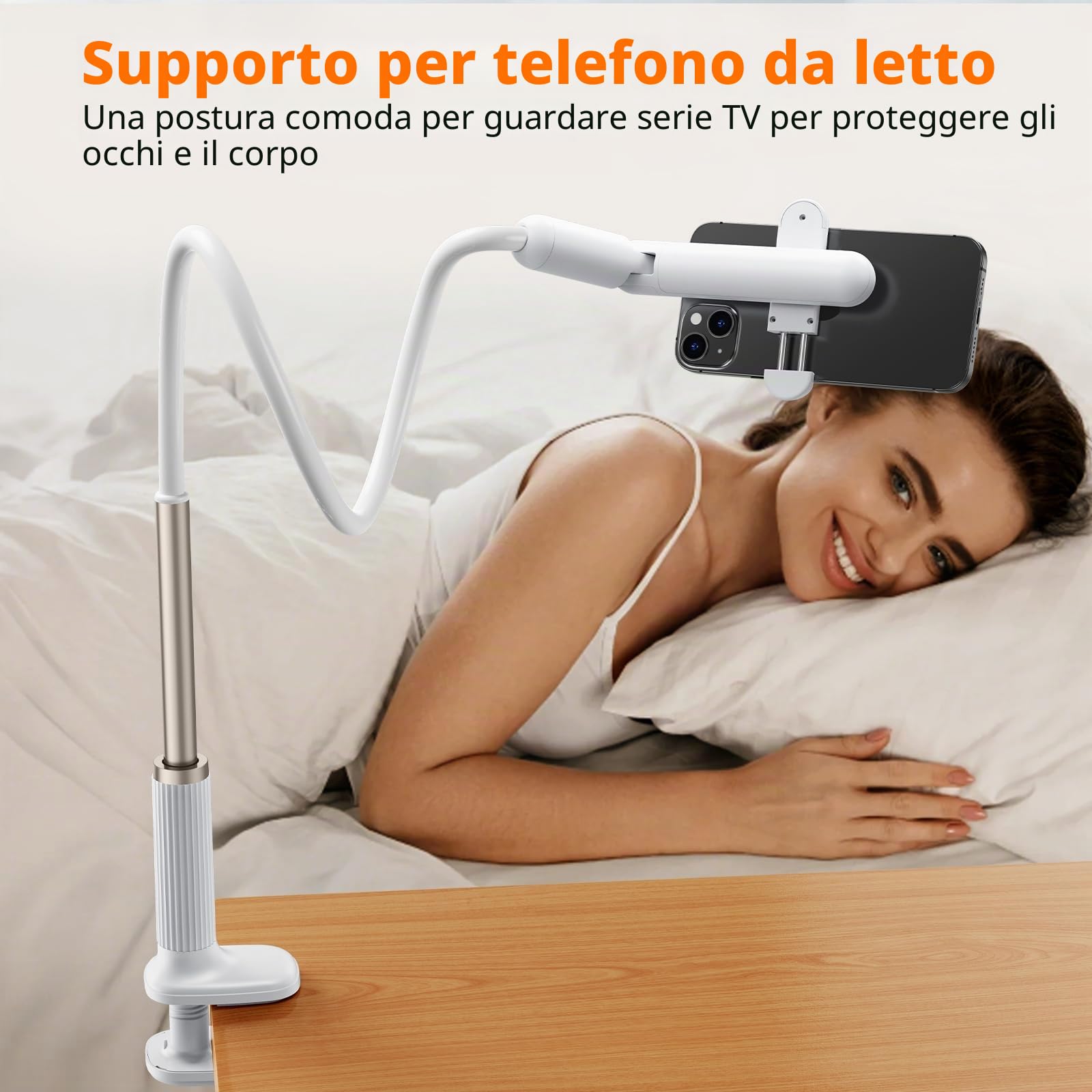 Supporto per telefono a collo di cigno per letto, supporto flessibile per telefono da scrivania, supporto per telefono lungo con mini morsetto girevole a 360°, larghezza 6,5 ~ 8 cm, compatibile
