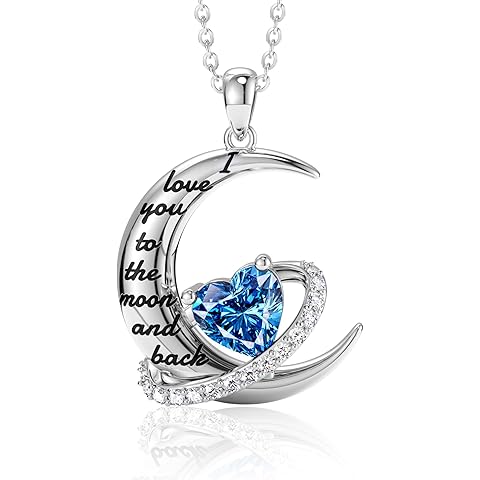 Distance I Love You to The Moon and Back Necklace, S925 Sterling Silver Heart Birthstone Necklace, Birthday Valentines Jewelry Gifts for Women Wife Lovers