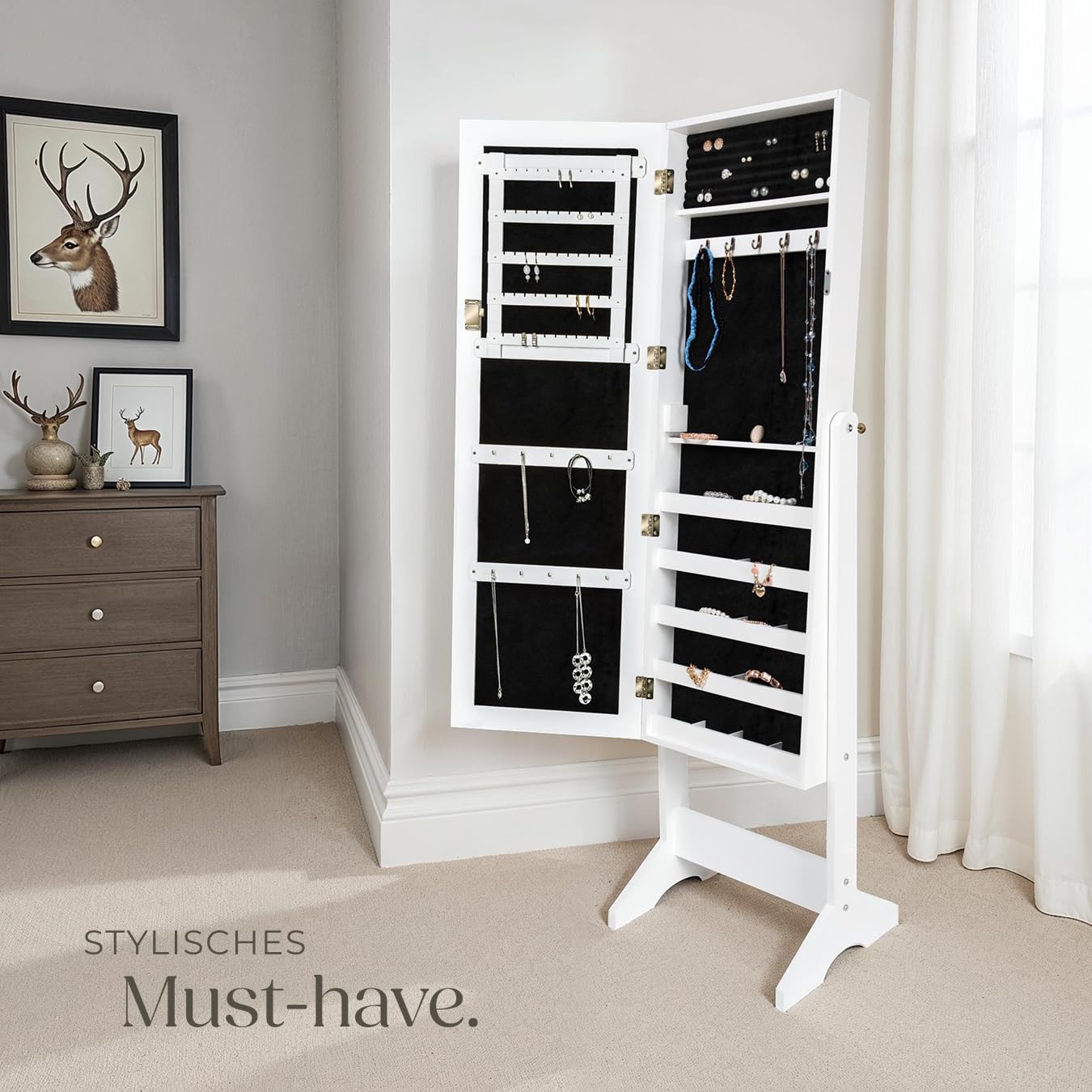 tectake® Schmuckschrank, Standspiegel mit Schmuckkasten, Spiegel groß mit Schrank Organizer für Schmuckaufbewahrung, Schmuck Organizer Geheimversteck Schrank Schlafzimmer - Weiß
