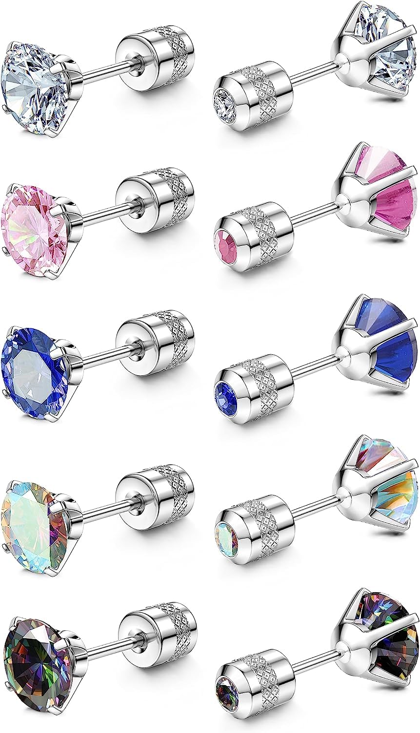 MILACOLATO Pendientes Titanio para Mujeres Hombres Pendientes de Rosca de Acero Inoxidable Quirúrgico Hipoalergénico Pendientes de Doble Cara de Circonio Cúbico | 5 Pares