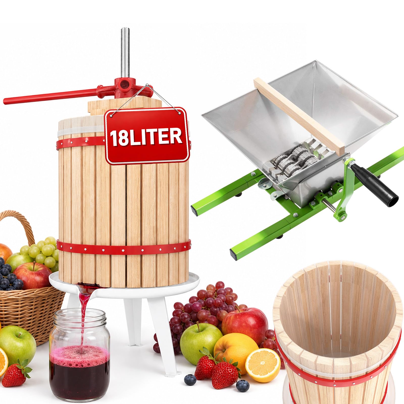 LZQ Presse-fruits + moulin à fruits manuel 18 l + 7 l avec manivelle