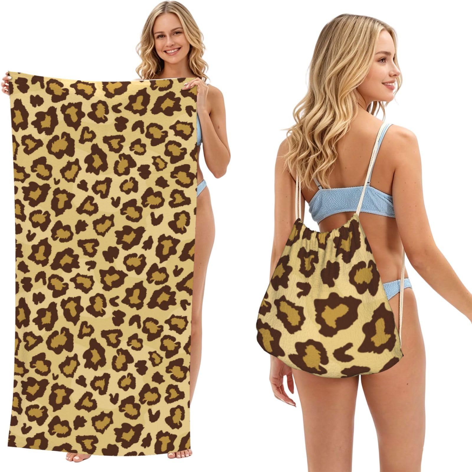 Poadnly Leopard Grain, 2 in 1 Packable Towel Bag, Beach Towels with Drawstring Backpack for Travel Holiday Camping