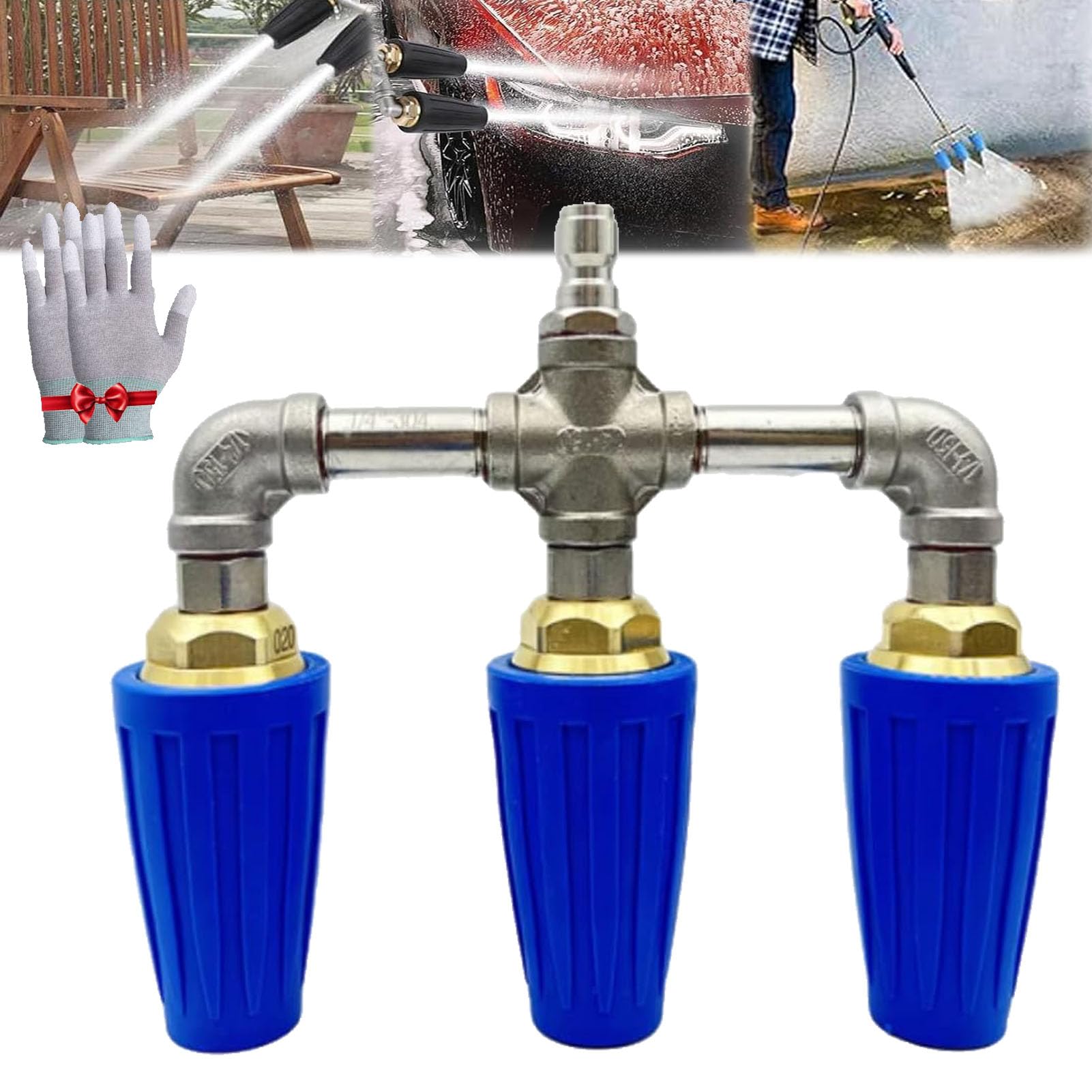 Twin/Triple Turbo Nozzle, Triple Turbo Nozzle Pressure Washer, 360° Rotating Turbo Nozzle for Power Washer with 1/4" Quick Connector, 4-6 GPM, 4000 PSI, Orifice 2.0 (Blue-Triple)