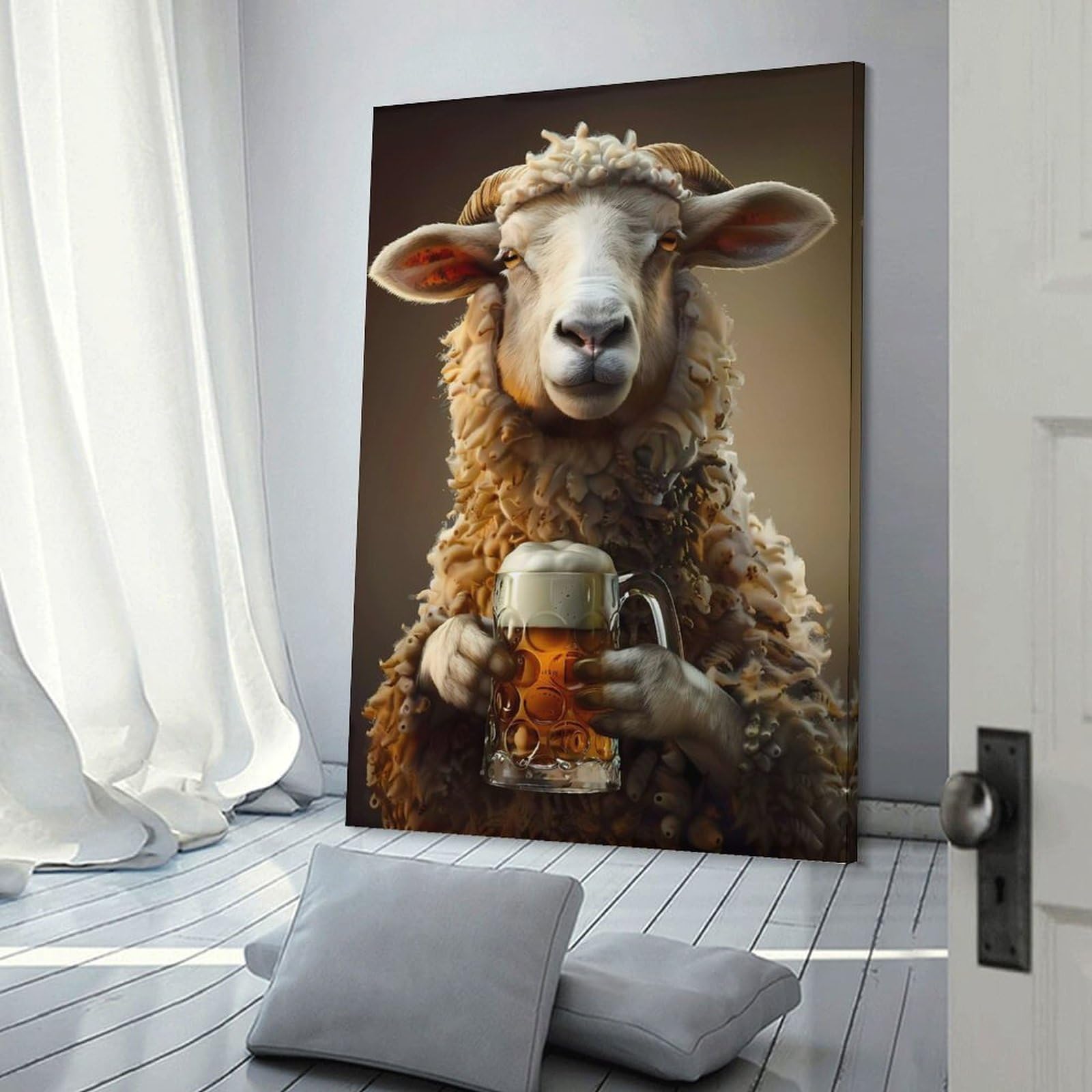 Junmoney Sheep Beer Hanging Wall Art 24x36inch(60x90cm), for Small Homes, Bedrooms Or Open Spaces, Decorative Canvas Decor for Home Updates