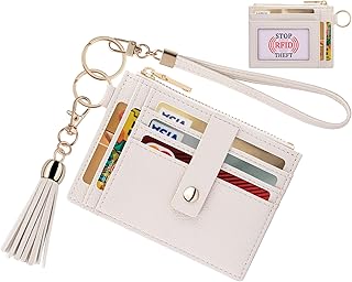 Women Slim RFID Card Case Holder Wristlet Zip ID Case Wallet Small Leather Wallet Coin Purse with Keychain