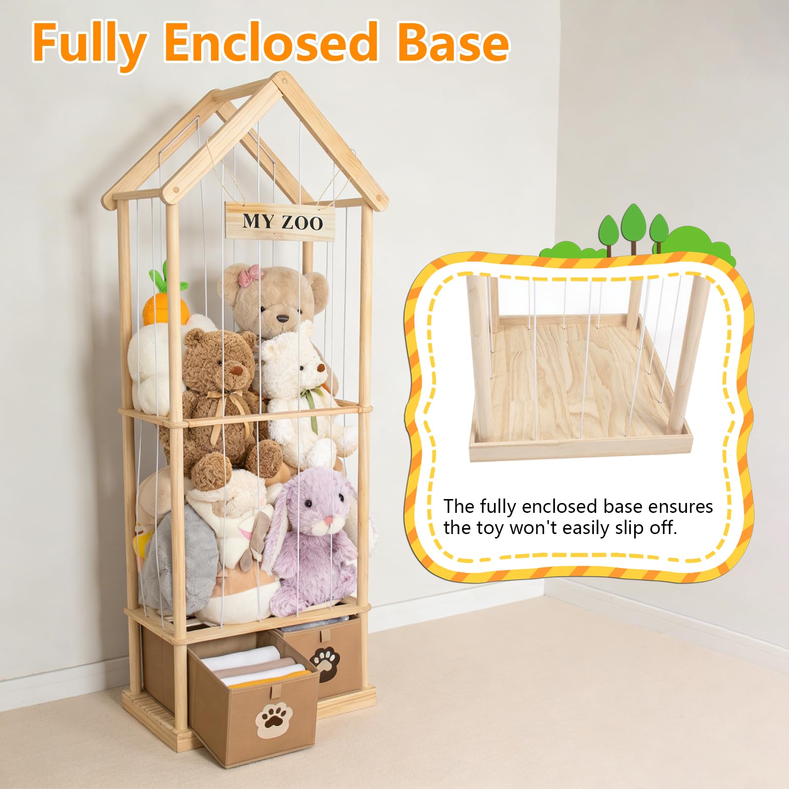 165x58x33cm Plüschtier Aufbewahrung aus Holz mit 2 Schubladen, Massivholz Kiefer Kuscheltier Organizer, Hohes Plüschtier Regal für Kinderzimmer, Spielzimmer & Nursery