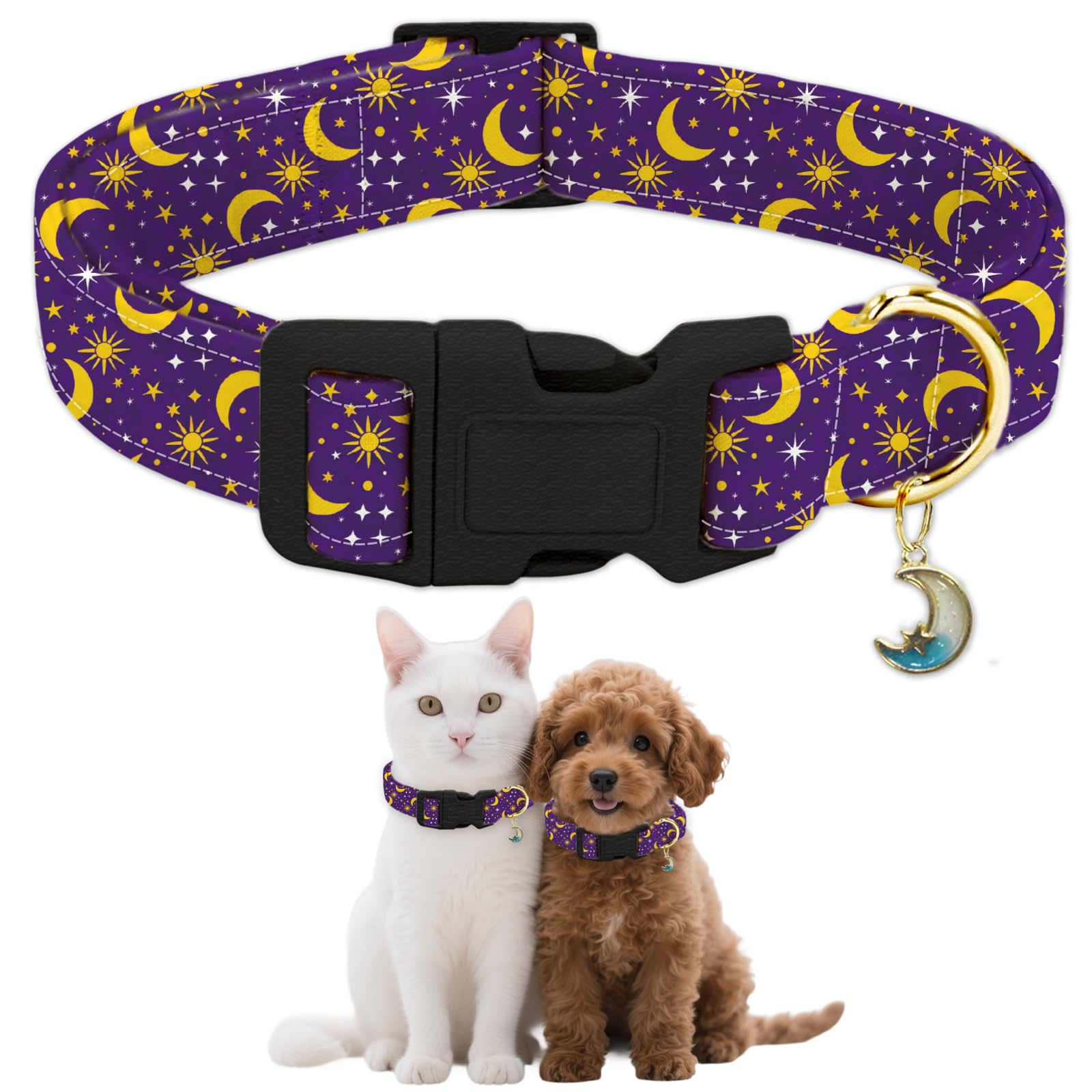 GLOBLELAND Stars Moon Dog Collar for Daily Pets Sun Pet Collars Adjustable Soft Cat Collar with Quick Release Buckle for Small Dogs Walking Running