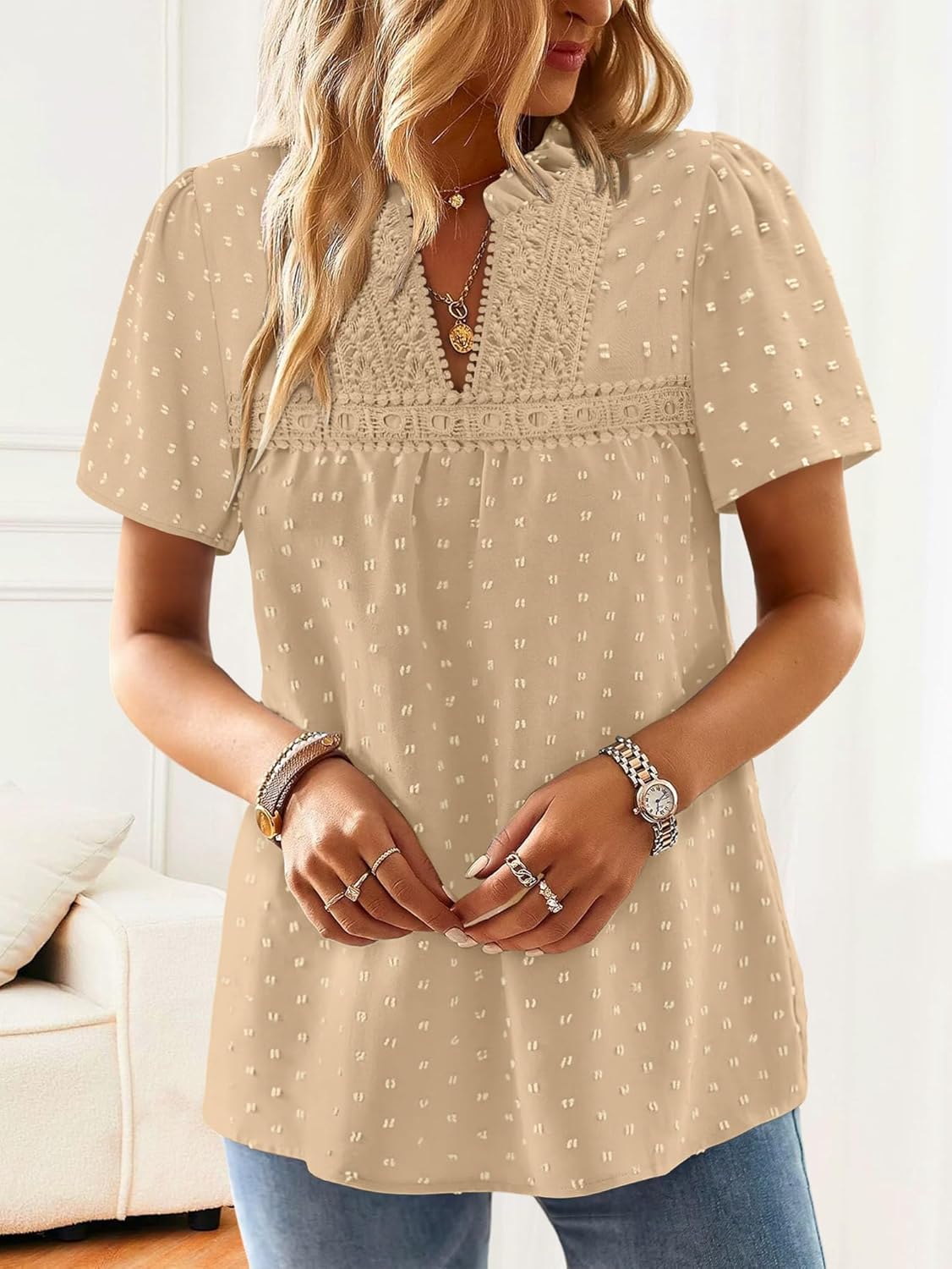 ONLYSHE Boho Tops for Women Short Sleeve Shirts Vneck Ruffle Flowy Womens Blouses Dressy Casual Lace Hem Clothing S-3XL - Image 3