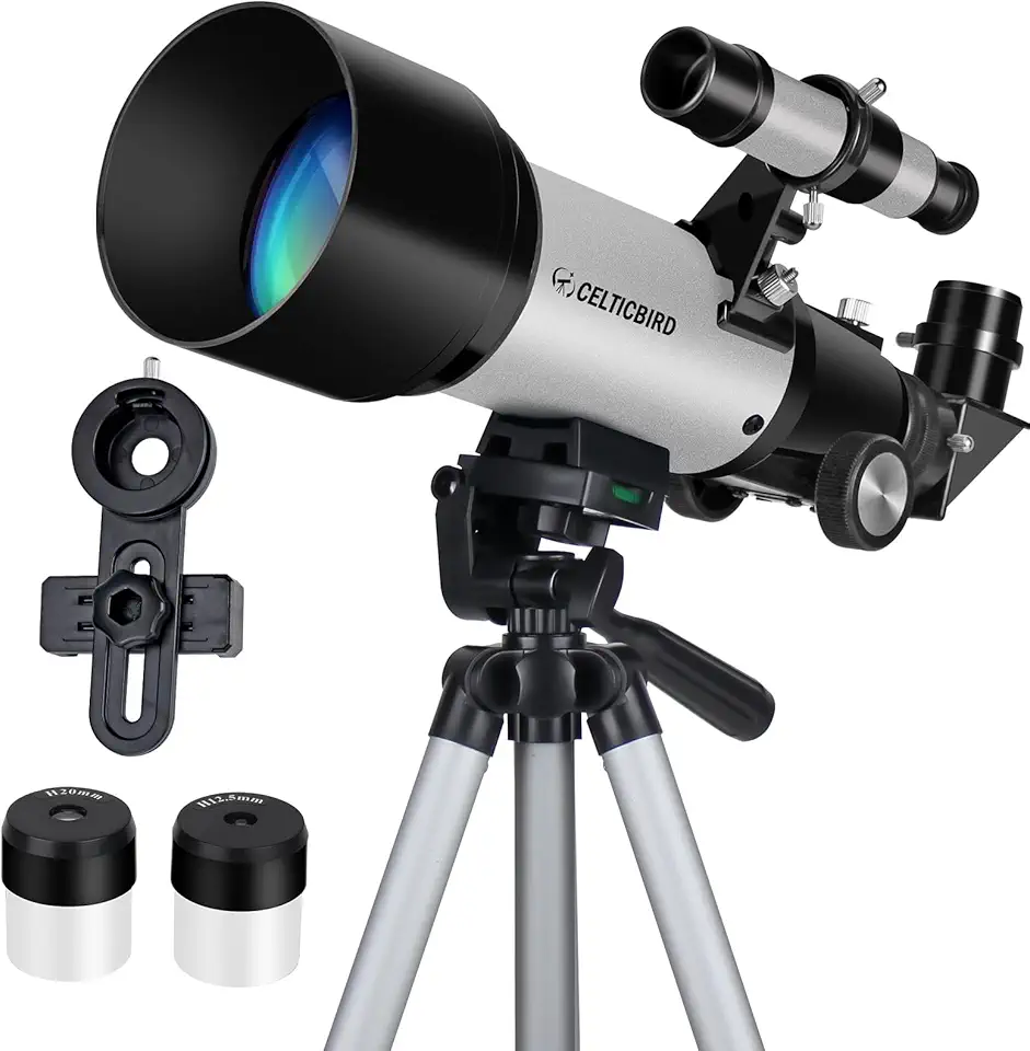 Telescópio para crianças iniciantes, 70 mm abertura 400 mm telescópio refratário astronômico para adultos estudantes - telescópios de viagem com tripé, adaptador de telefone (prata)