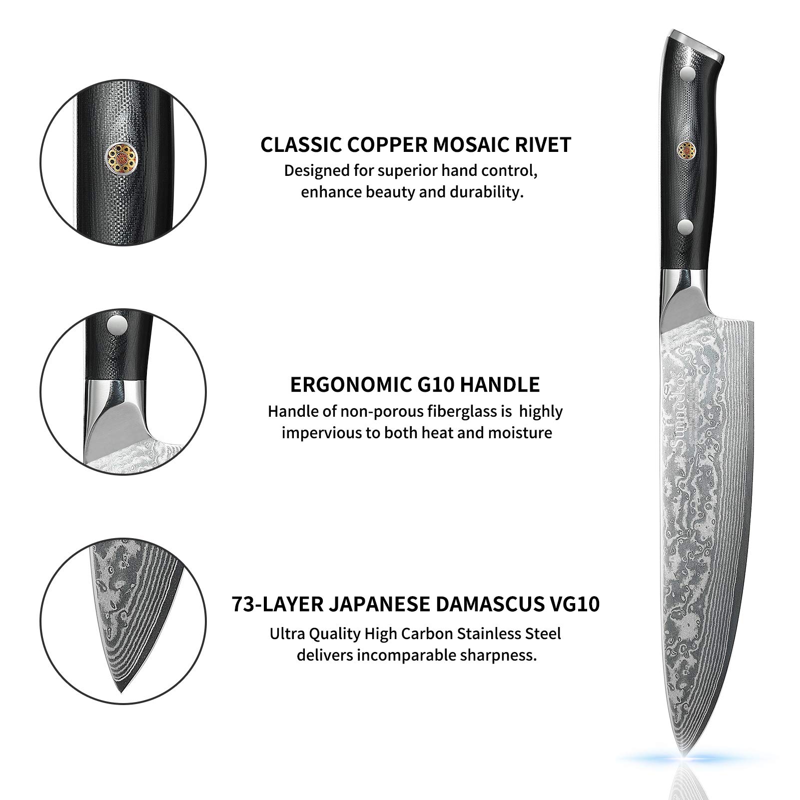 Sunnecko Couteaux de Cuisine en Acier Damas 73 Couches, Set Couteau Cuisine 3 pièces Chef 20cm Viande 20cm Universel 13cm Manche G10, avec Boîte Cadeau en Bois