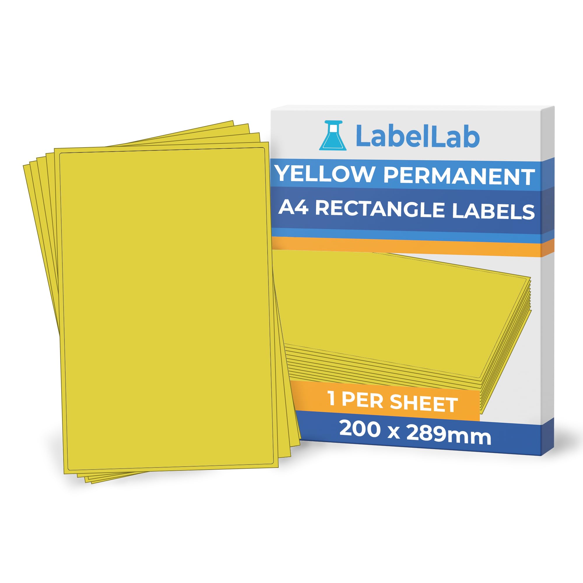 Yellow A4 Rectangle Labels – Coloured Printable Sheet Labels for Inkjet & Laser Printers, Permanent Adhesive – 1 Per Sheet (200 × 289 mm), 100 Sheets – LabelLab