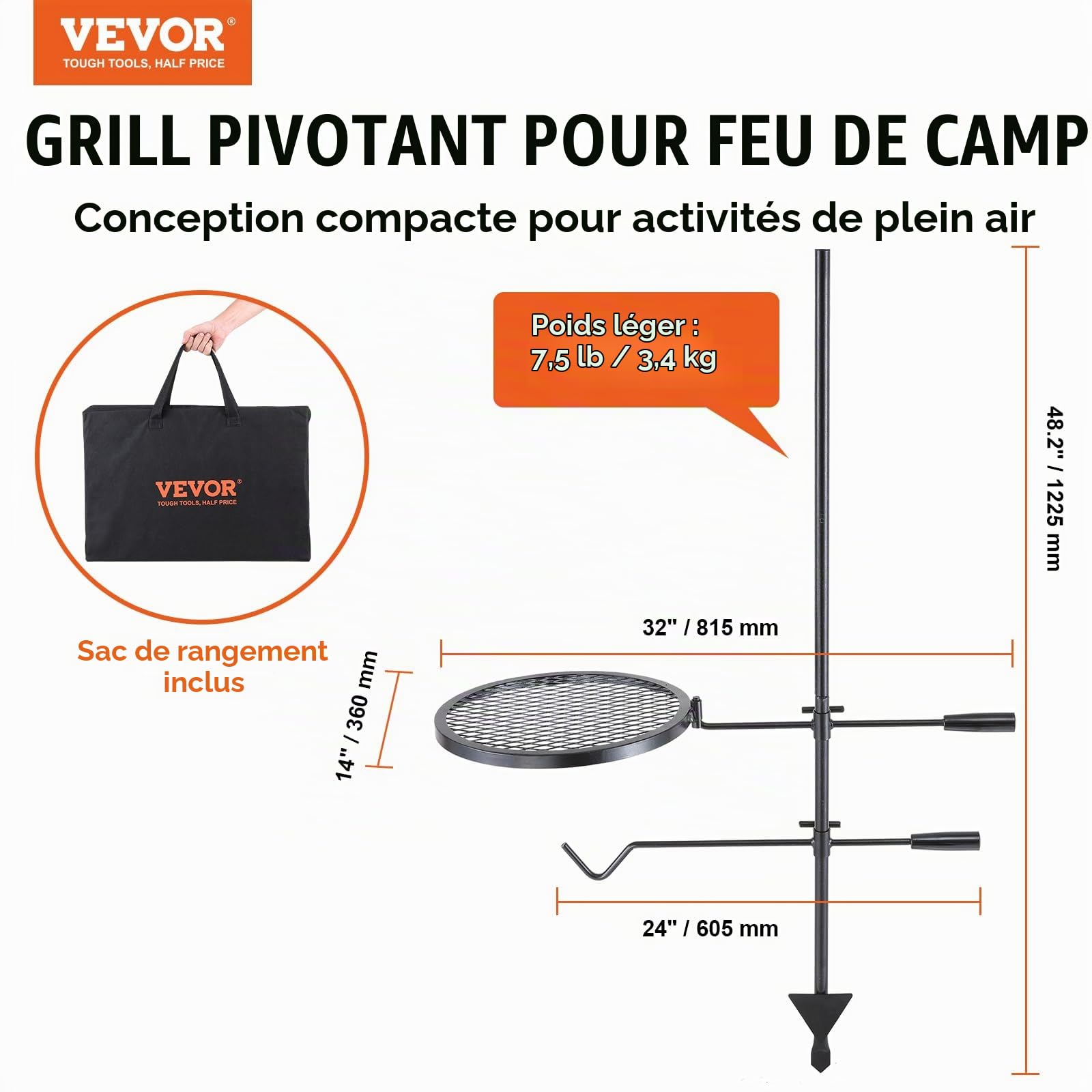 VEVOR Grille de Feu de Camp Pivotante avec Poteau 122,5 cm Gril de Camping 2 Couches 1 Filet en Diamant 36x36 cm 1 Crochet Grille de Cuisson en Acier Hauteur Réglable pour Foyer Barbecue en Plein Air