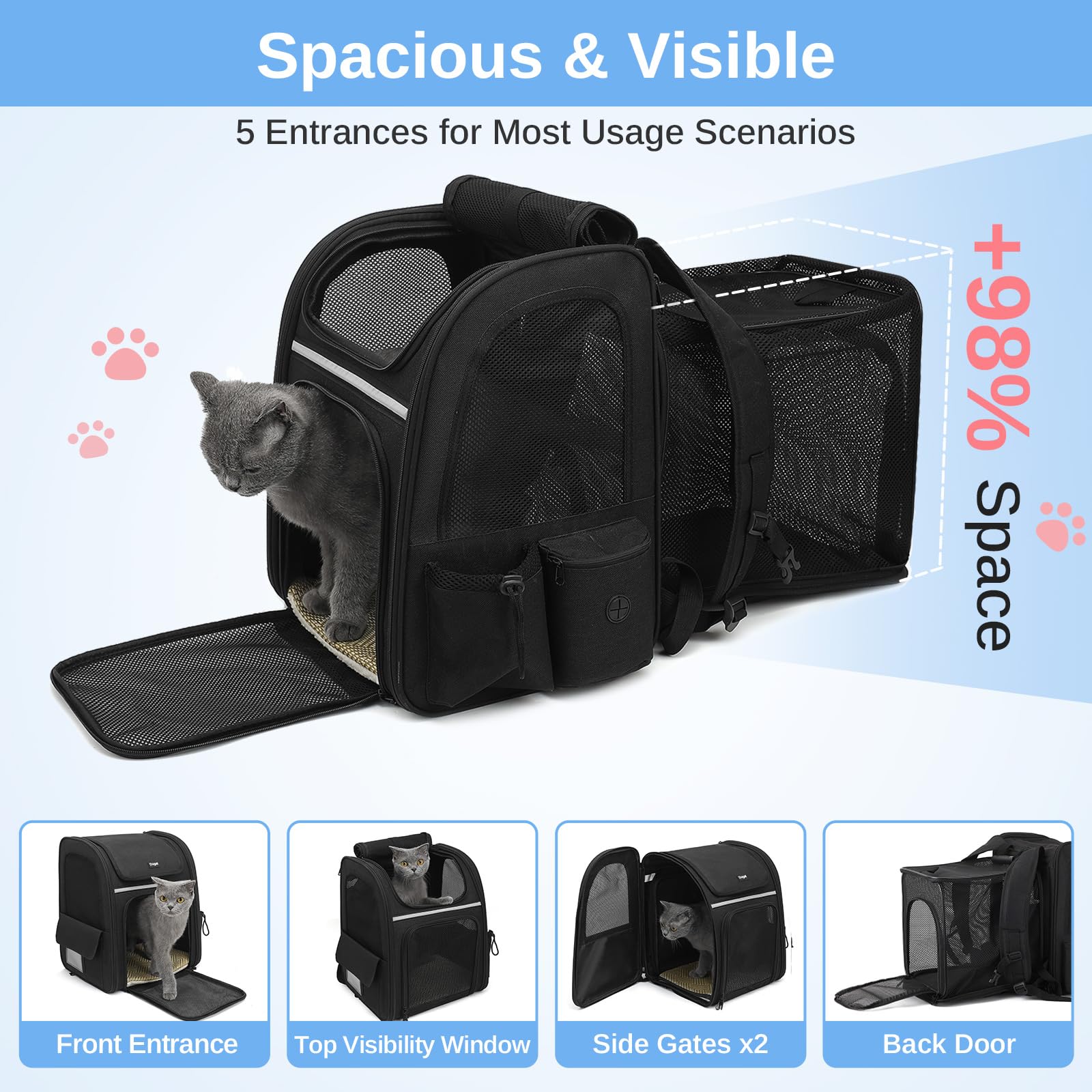 Dogat Expandable Cat Carrier Backpack for Air Travel Pet Backpack for Cats & Small Pets up to 17lbs (8kg) - Image 2