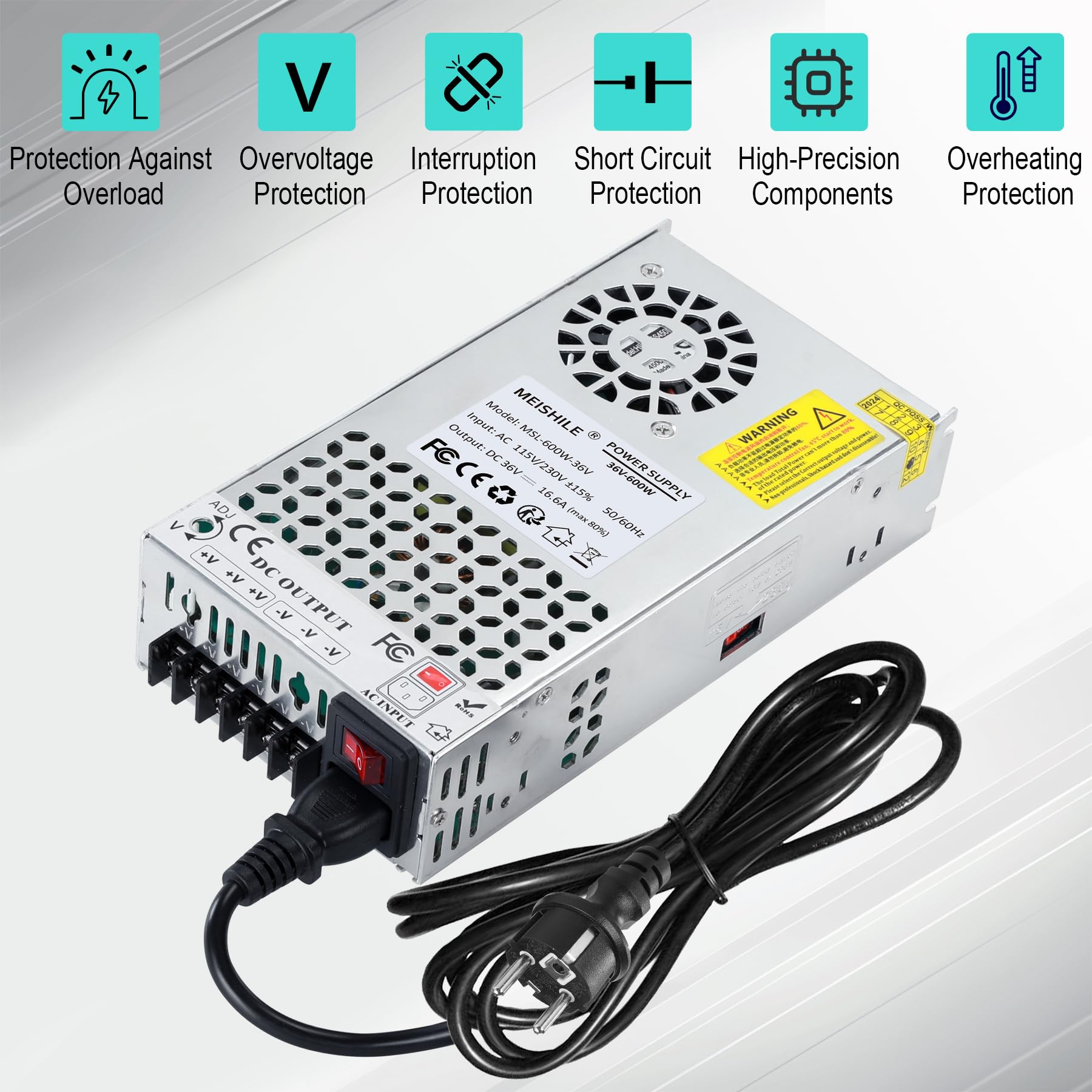 36V 16.6A 600W Fuente de Alimentación Transformador, Fuente de alimentación Adaptador, 220V CA a CC 36V Transformador Convertidor para CCTV, LED Luz de barra Luces, Amplificador, Altavoz, Máquina