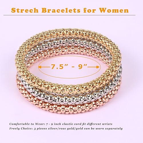 Miniatura 5 de Stretch Bracelets for Women GoldSilverRose Gold Elastic Bracelet Set for Women 3 PCS Stackable Bracelets Multilayer Charm Bracelet Valentines Day