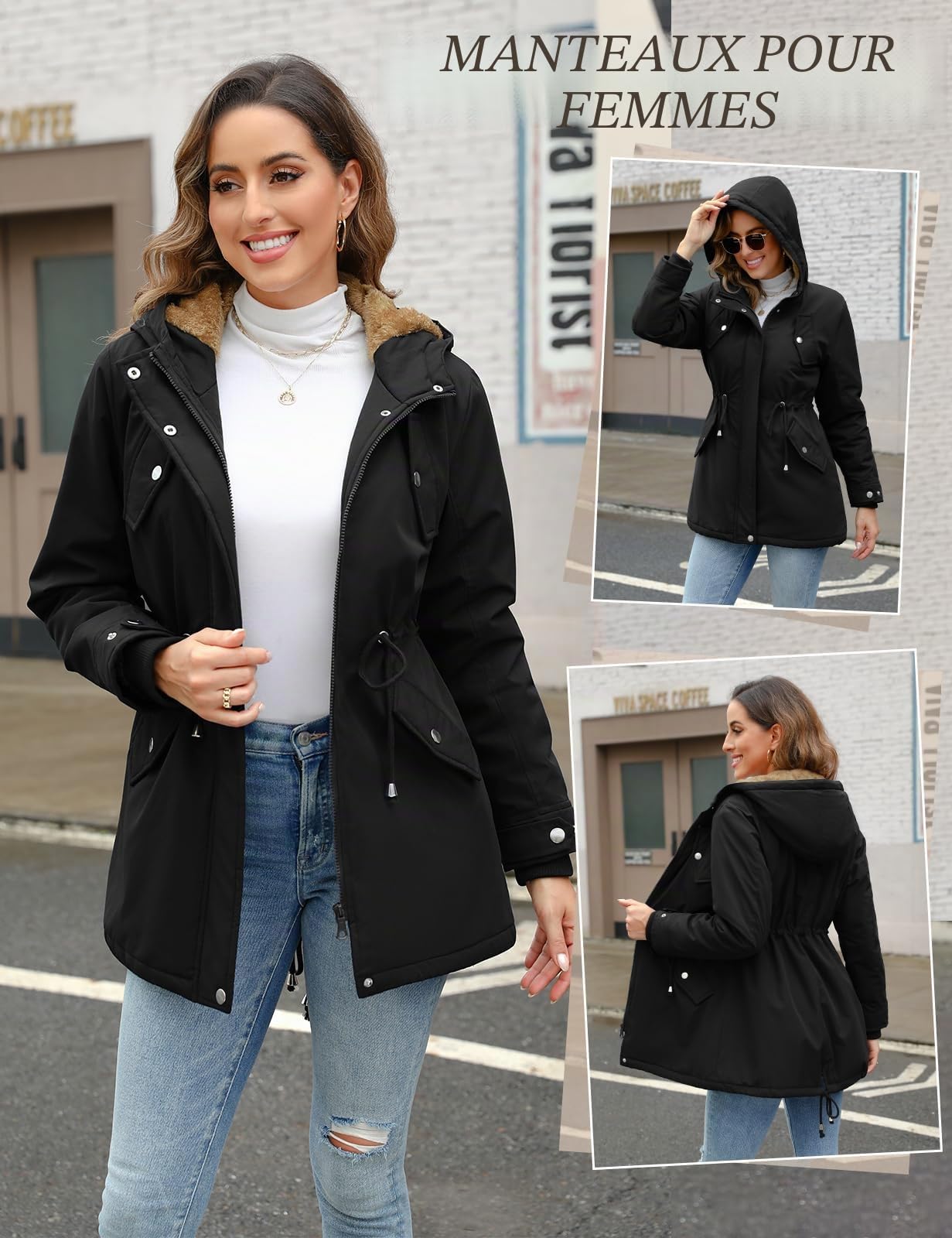 Nadeer Manteau Femme Hiver Polaire Chaud Veste Parka Manteau à Capuche Manches Longues Blouson Zippé Outercoat avec Poches