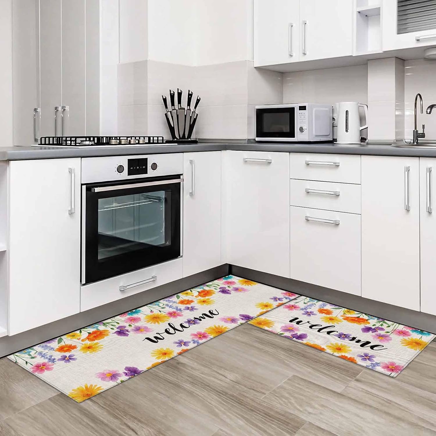 Kitchen Mats for Floor Rustic Colorful Flower Retro Linen Washable Non Slip Kitchen Rugs 2PCS, Pastoral Blossom Floral Absorbent Standing Mats for Sink Office Living Room 15.7x23.6in+15.7x47.2in