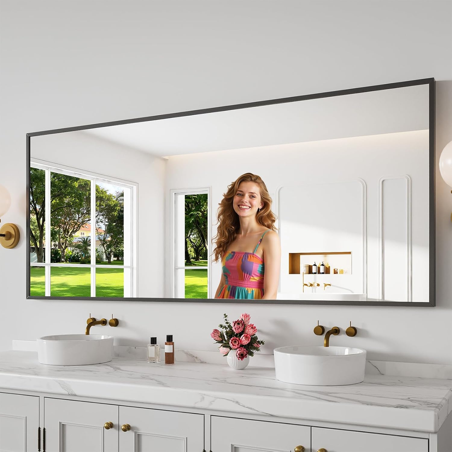 Koonmi Bathroom Mirror 30x71 Matte Black Bathroom Wall-Mounted Mirrors, Modern Rectangle Vanity Mirror, HD Tempered Glass, Aluminum Alloy Frame Allow to Hang Horizontally or Vertically