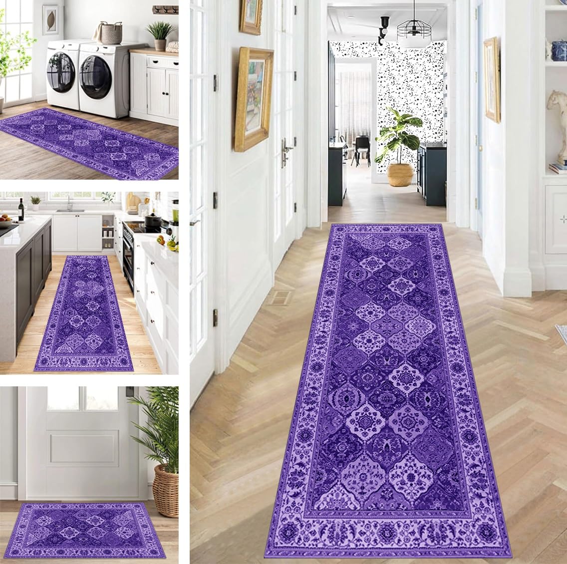 Anro Tapis de couloir, de cuisine, antidérapant, lavable, anti-salissures, violet, 60 x 120 cm, vendu au mètre, pour couloir, salon, chambre à coucher, cuisine