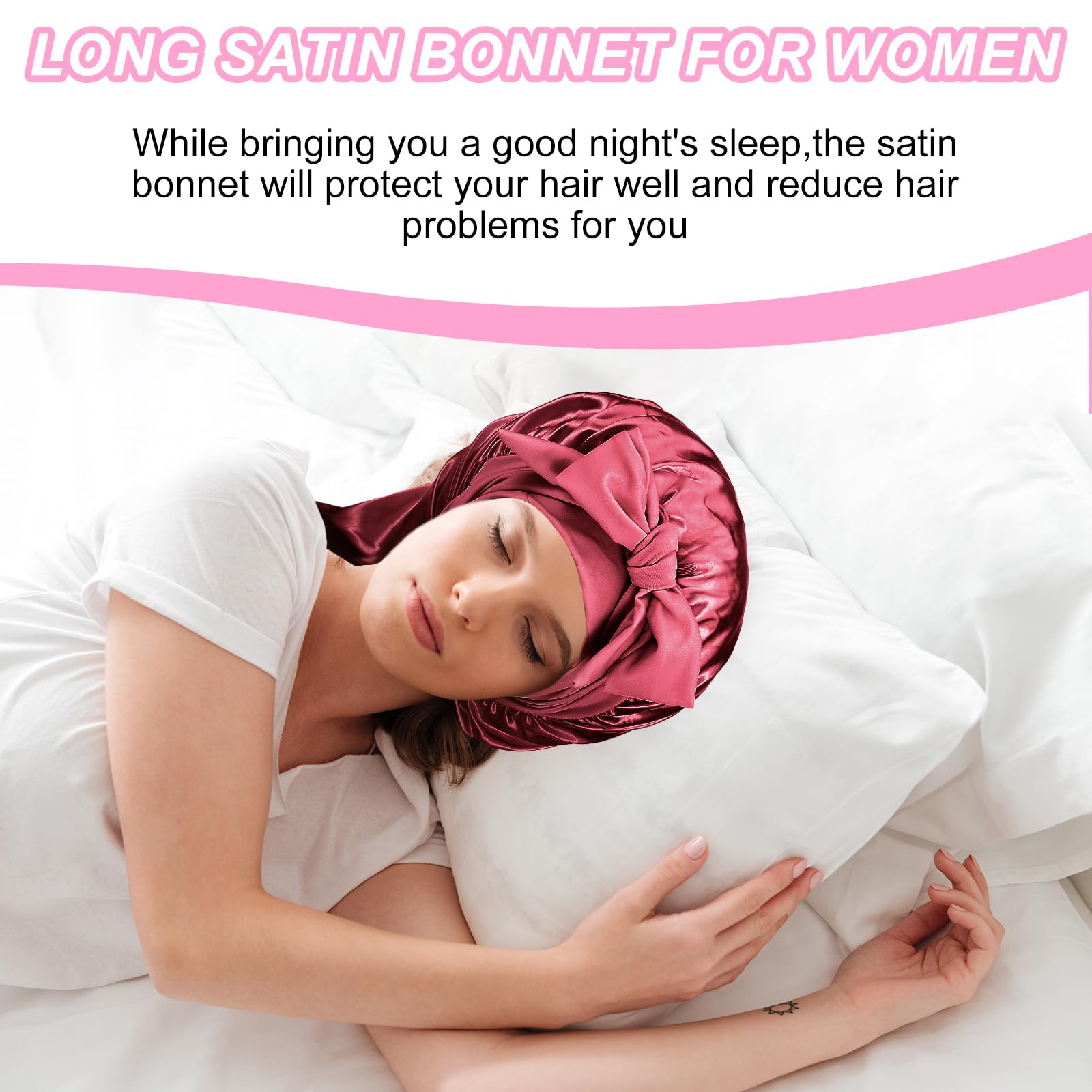 Abeillo Long Satin Bonnet for Women Sleeping Silk Bonnet Large Hair Cap Silk Hair Bonnets with Tie Band for Braids Curly Hair (Wine Red) - Image 4