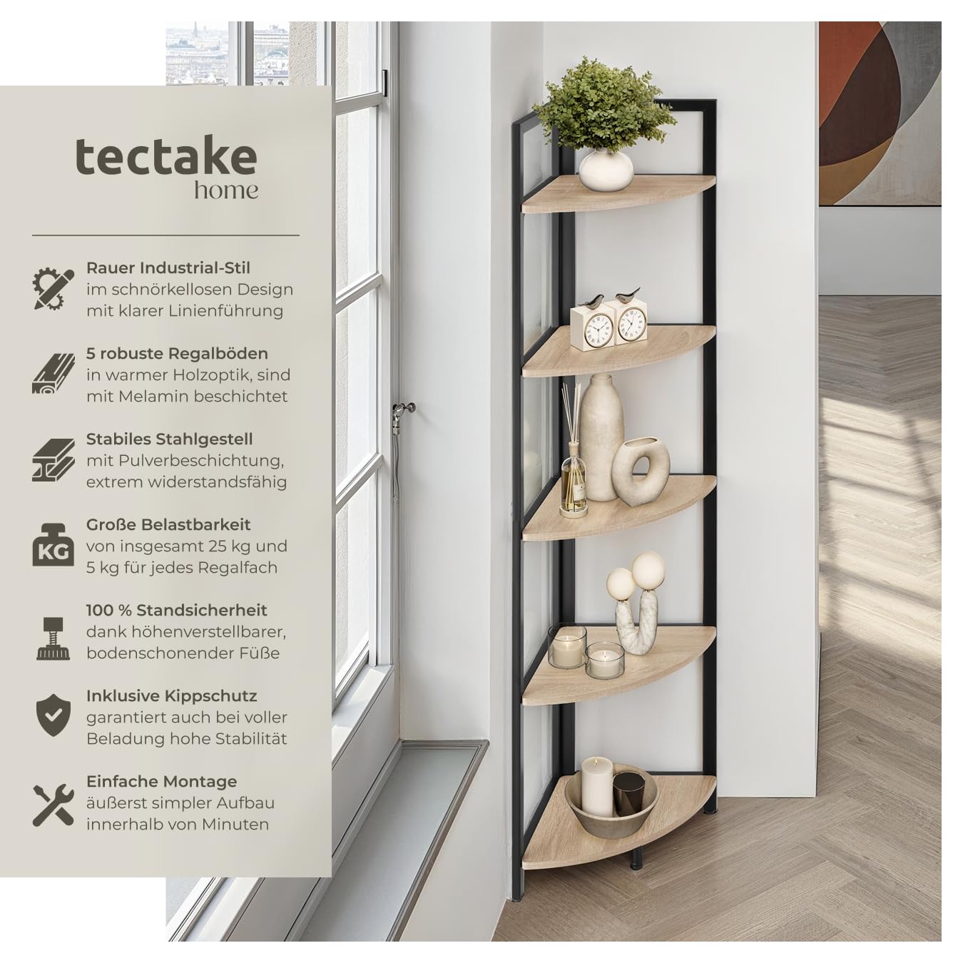 tectake® Eckregal stehend, Nischenregal mit 5 Ebenen, Wandregal Holz, Industrial Bücherregal, Eckschrank, Leiterregal, Zimmer Deko, 30 x 30 x 150 cm - Industrial Holz hell, Eiche Sonoma