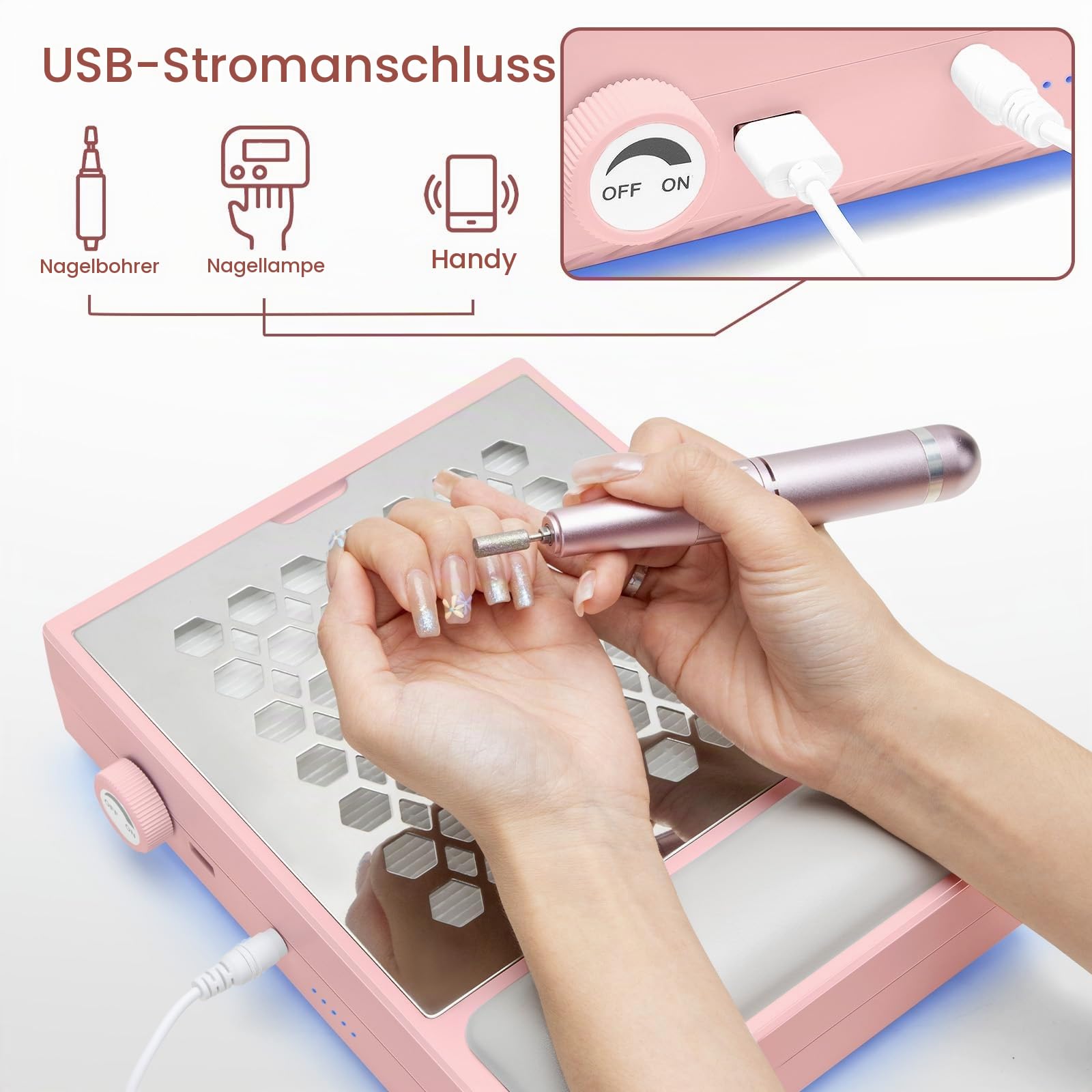 Madenia Professionell Staubabsaugung für Nägel - 56W Leistungsstark Nagelstaubsauger mit 2 Filters und 1 Bürste, Leiser Nagel Staubsauger für Nagelstudio & Zuhause, Rose