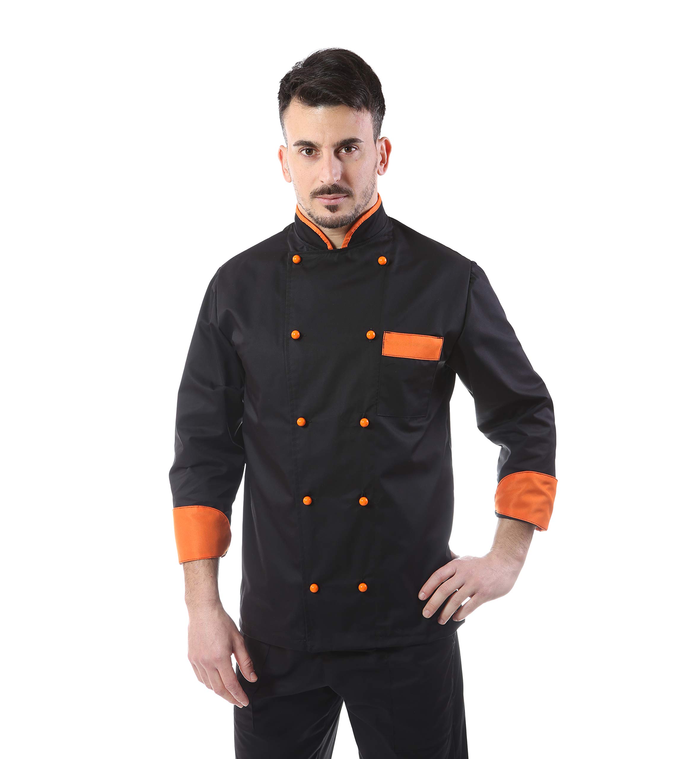 Completo Cuoco Arancio, Divisa Uomo Chef, 100% Cotone, 4 PZ Giacca Pantalone davantino Bandana, Ricamo Gratuito, per Cucina e Ristorante, Made in Italy (L)