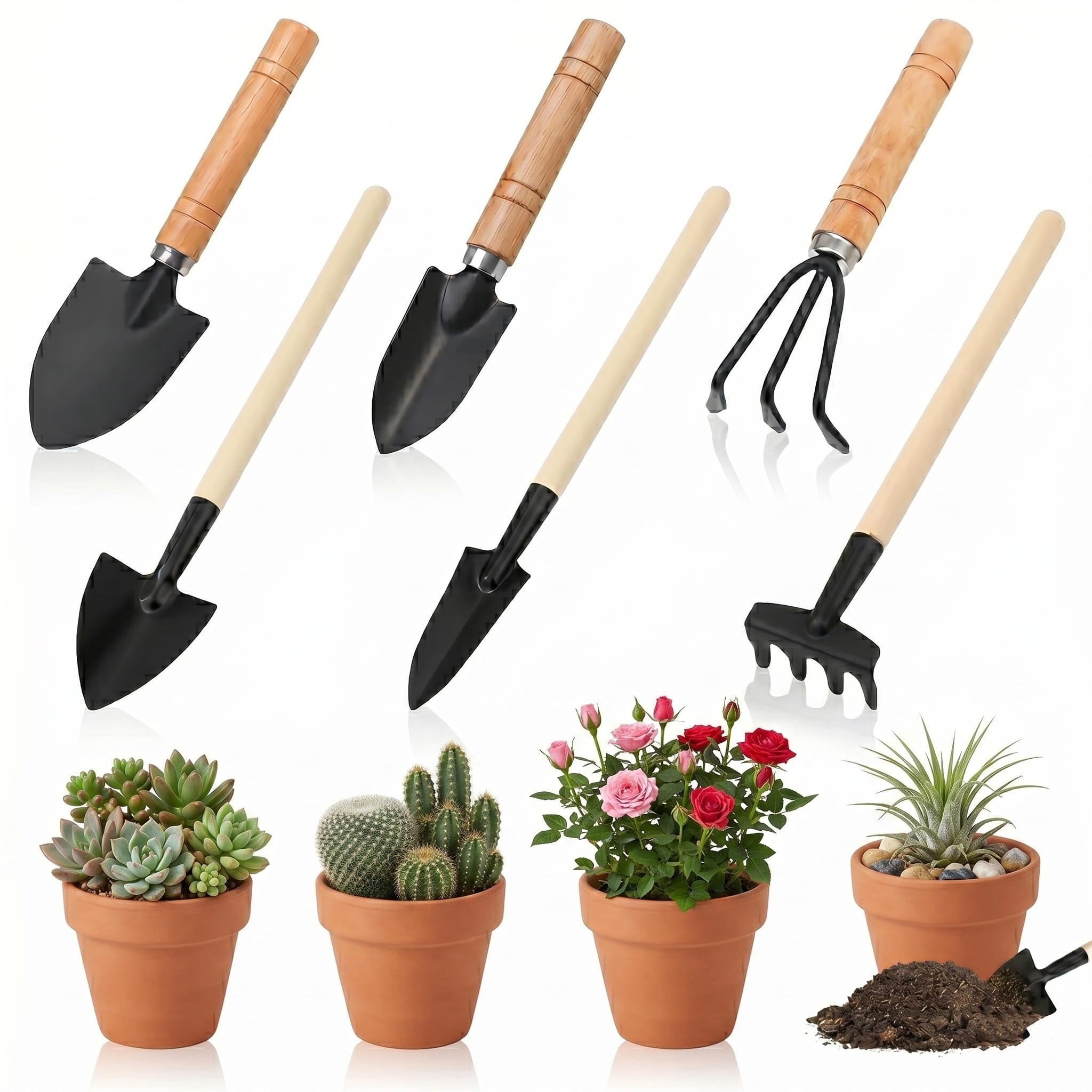 Mini Gartenwerkzeug Set, 6-teiliges kleines Gartengeräte Set, Zimmerpflanzen und Sukkulenten Werkzeug, Handwerkzeug zum Umtopfen und Erde auflockern