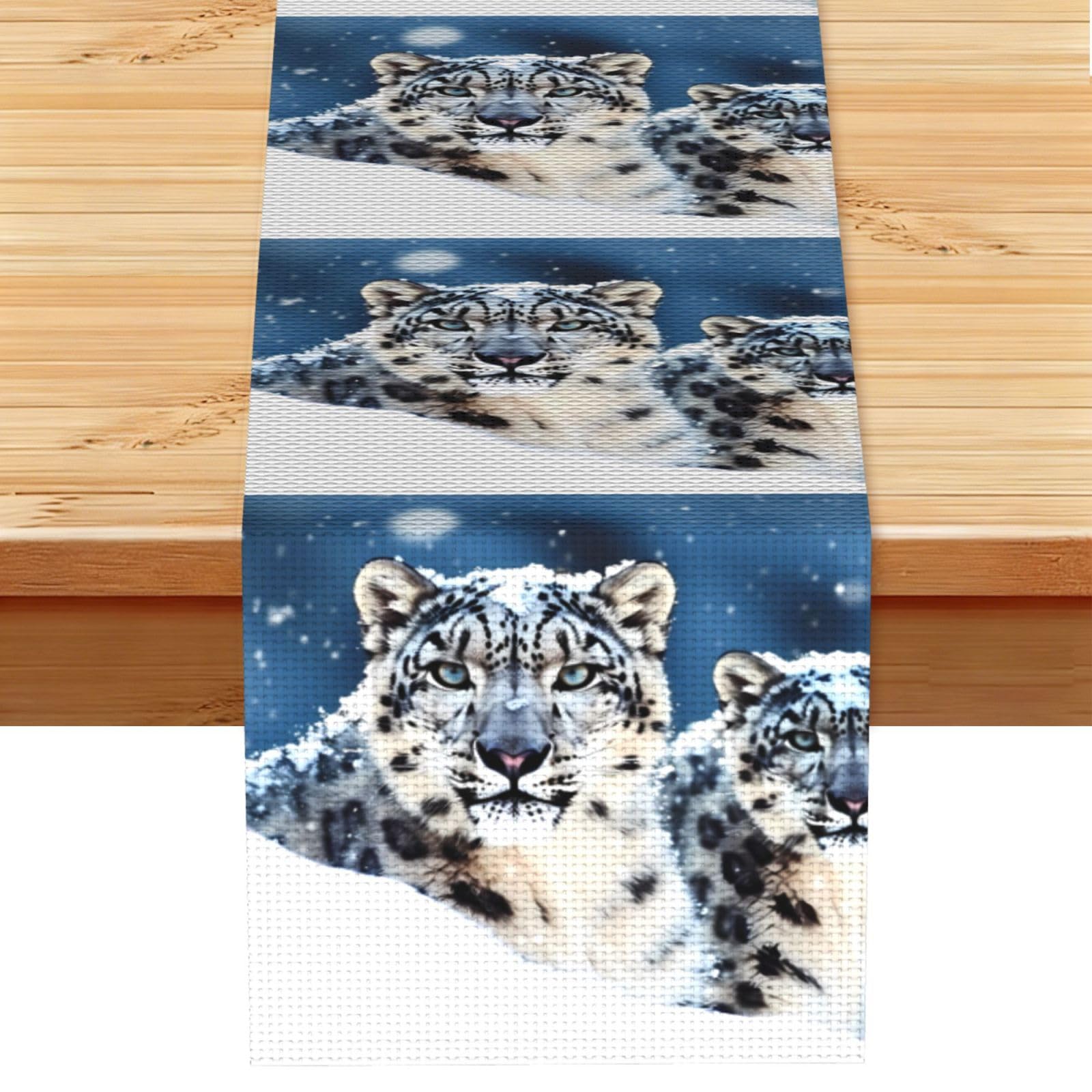 Blue Eyed Snow Leopard Table Runner 13x72 Inch Cotton Linen Table Linen Washable Farmhouse Tablecloth Modern Abstract Art Kitchen Dinning Table Decoration for Home Party Decor