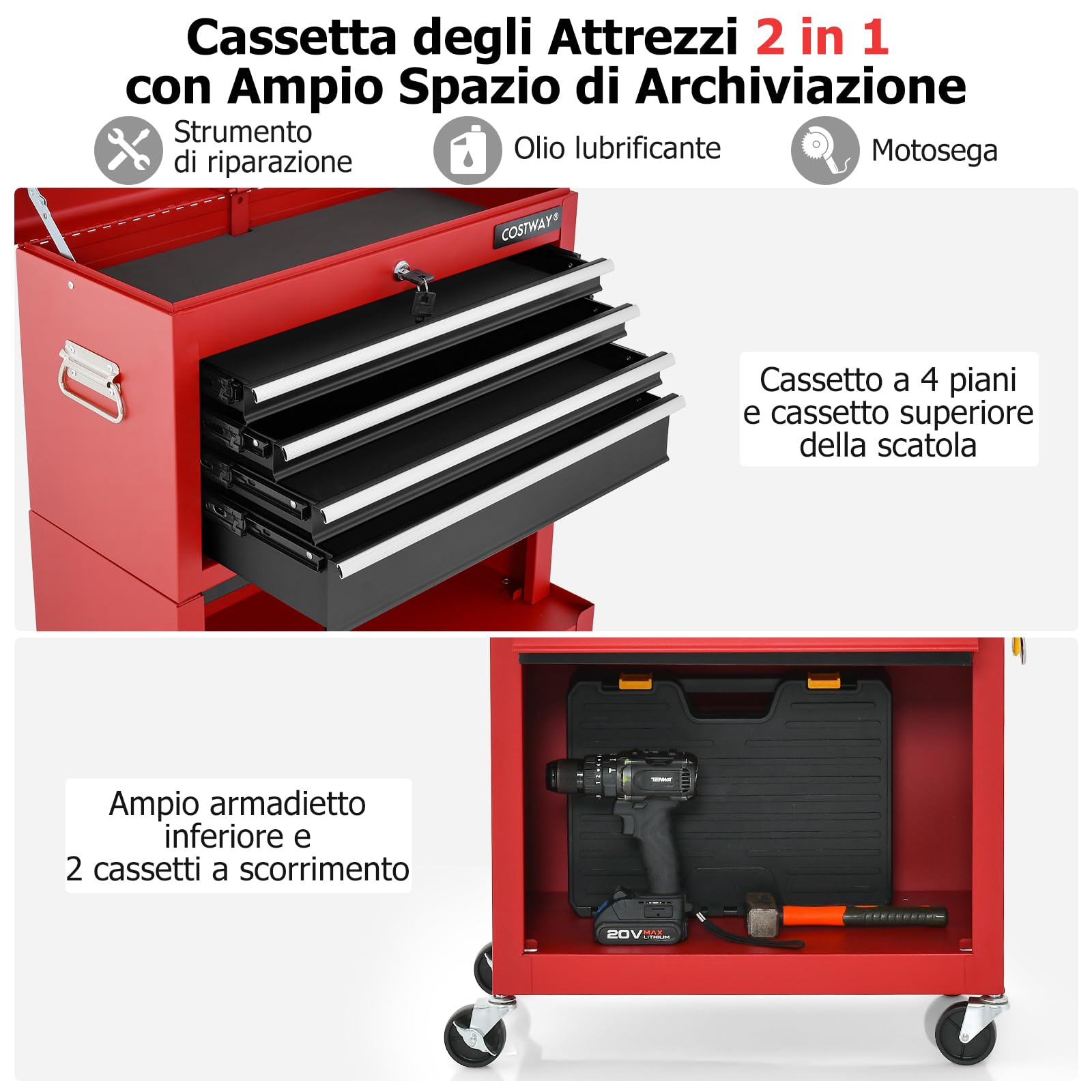GYMAX Carrello Portautensili da Officina, Design 2 in 1 con Rotelle, Carrello con 6 Cassetti, Porte Scorrevoli e Serratura di Sicurezza, 61,5 x 33 x 132 cm (nero+rosso)