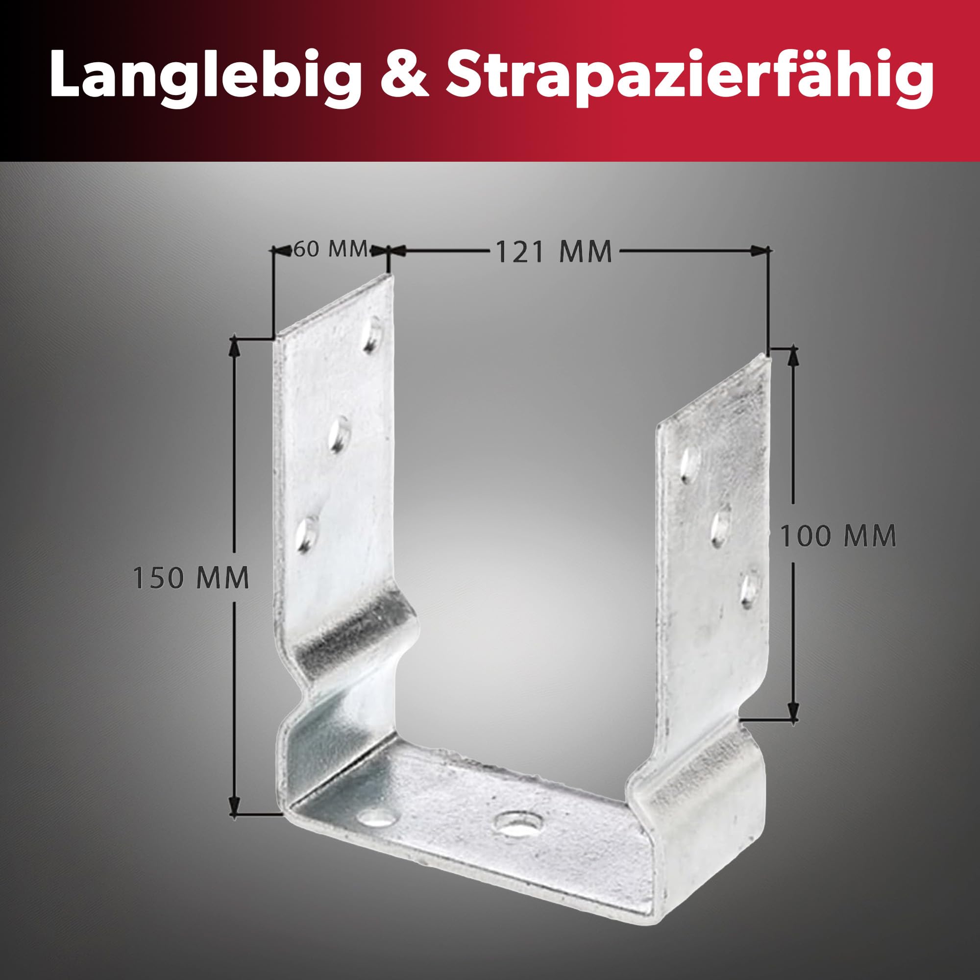 4x U-Pfostenträger, lichte Breite 121 mm, 150 mm Gesamtlänge, feuerverzinkter Stahl, Pfostenträger zum Aufschrauben oder Einbetonieren, U Profil Stahl, Bodenanker, Balkenschuh