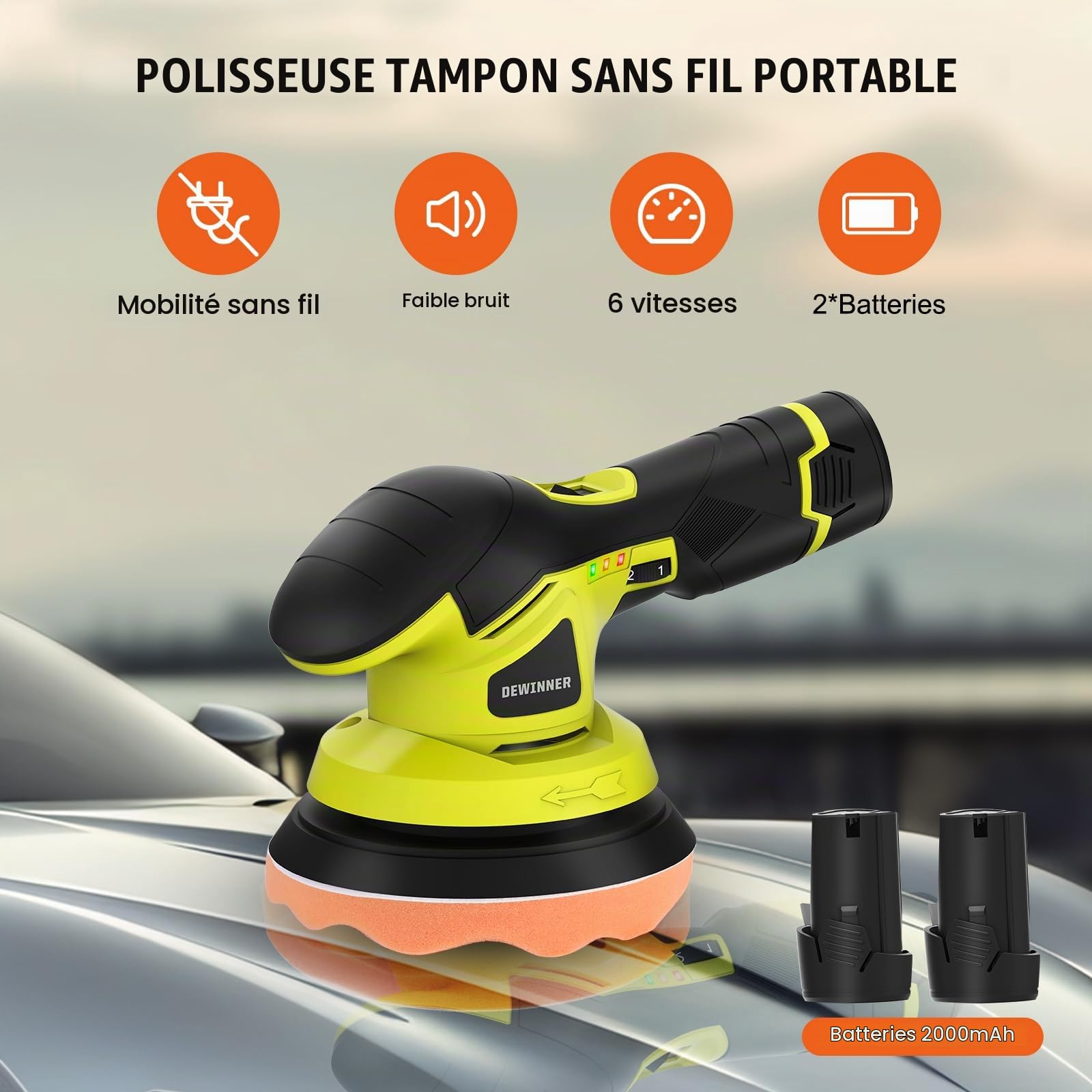 DEWINNER Polisseuse Voiture Professionnelle, Machine à Polir Variable à 6 Vitesses, 2*2A Batterie, 26 accessoires de polissage Rotative 5000rpm, Pour Le Polissage, Cirage, Ponçage