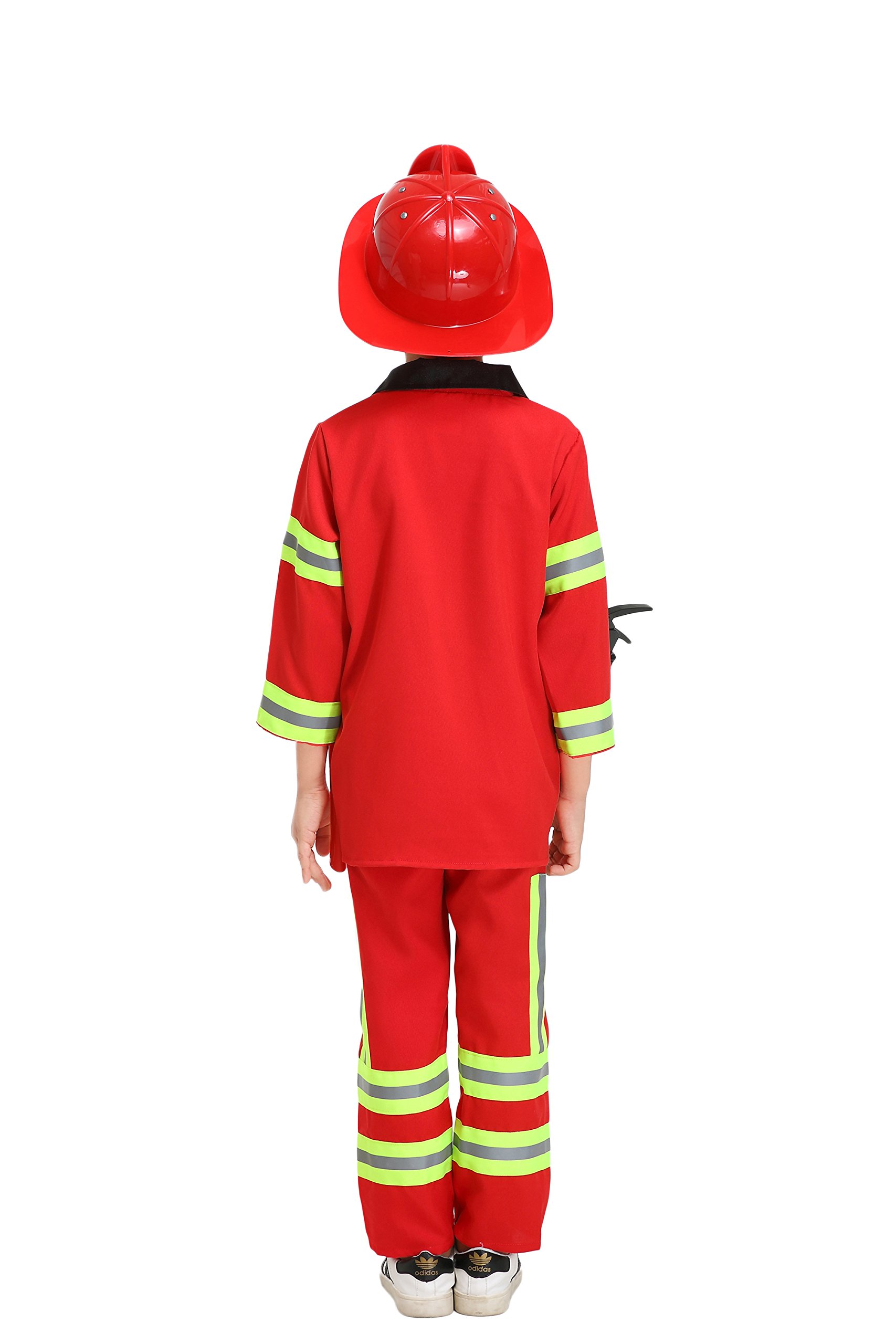yolsun Fireman Costume for Kids, Boys' and Girls' Firefighter Dress up, Fire Fighter with Toy Accessories Set Halloween Role Play(Red,6-7 Years)