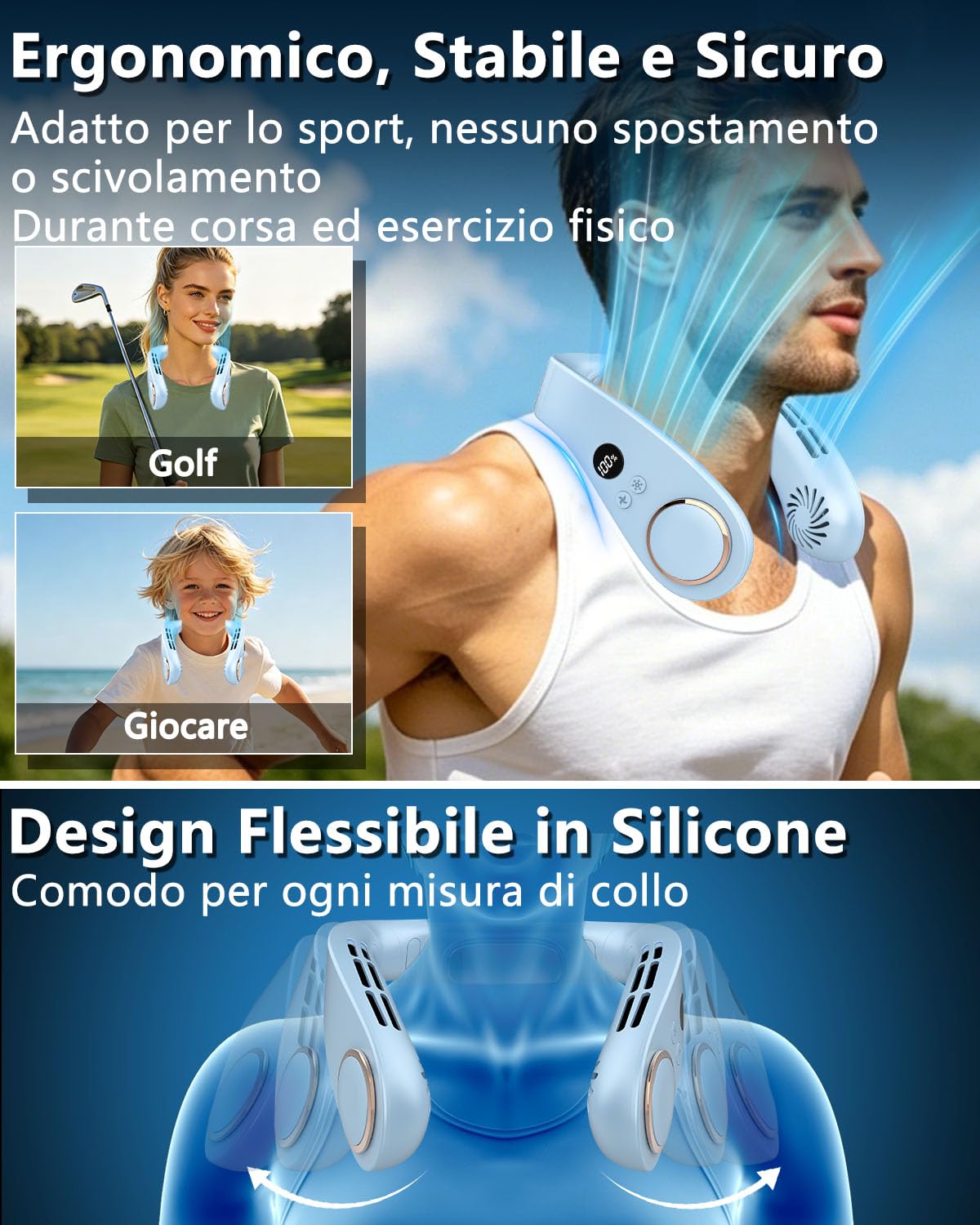 Ventilatore da Collo Silenzioso, Condizionatore Personale Portatile Neck Fan con 5 Velocità, Batteria 5500mAh Autonomia 15 Ore Display LED Silenzioso, per Lavoro, Relax, Attività all'Aperto e Viaggi