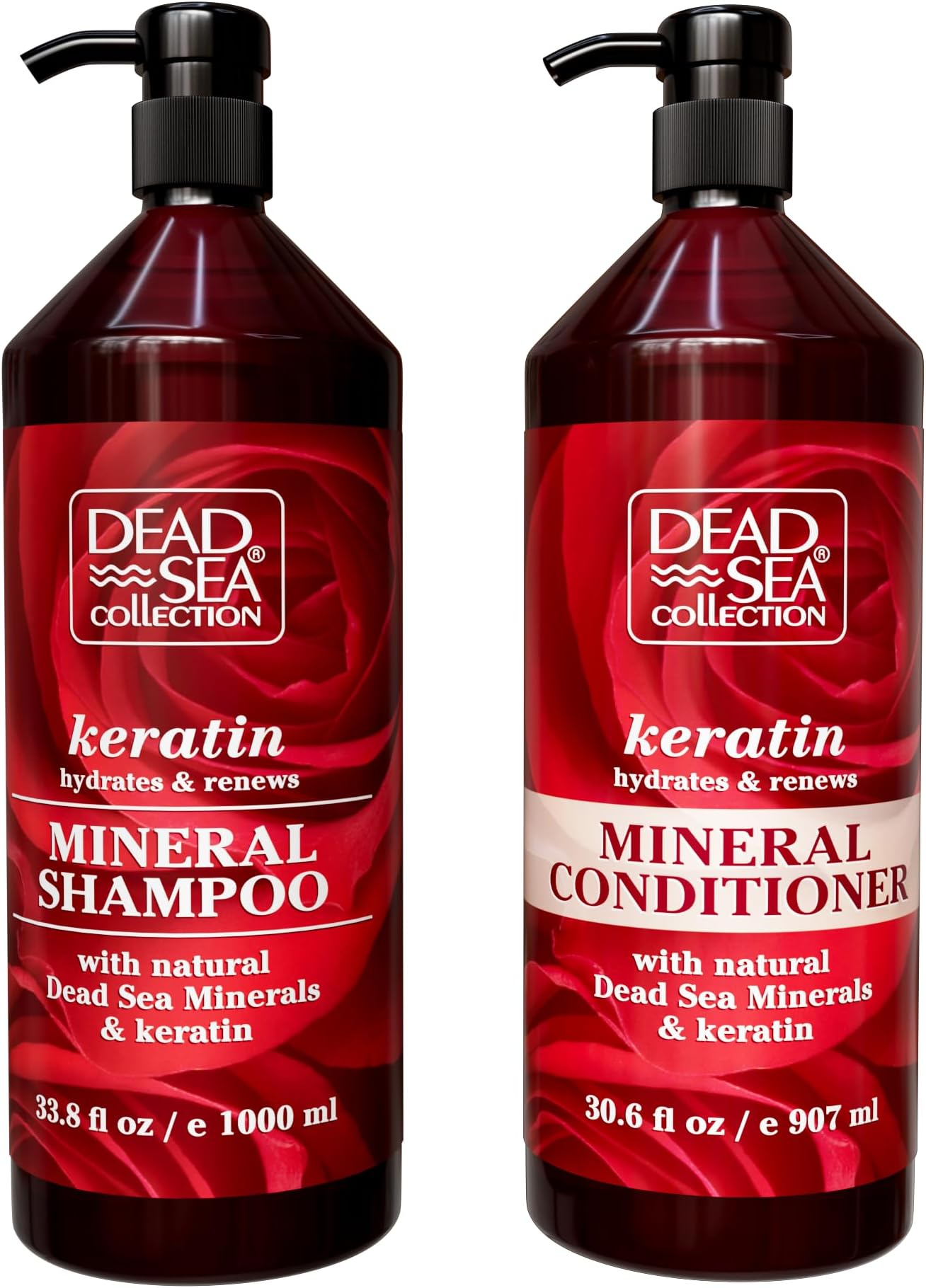 Dead Sea Collection Shampoo and Conditioner Set with Keratin โ Hydrating Softening Hair Products with Dead Sea Minerals for All Hair Types โ Set of 2 Bottles (33.8 & 30.6 Fl. Oz.)