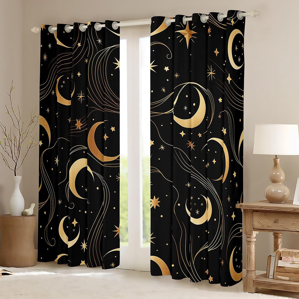 Homewish Złote gwiazdki, księżyc, zasłony okienne, 132 x 160 cm, 2 panele zestawy - nowoczesne geometryczne zasłony zaciemniające w paski, minimalistyczne estetyczne zasłony okienne, mistyczna